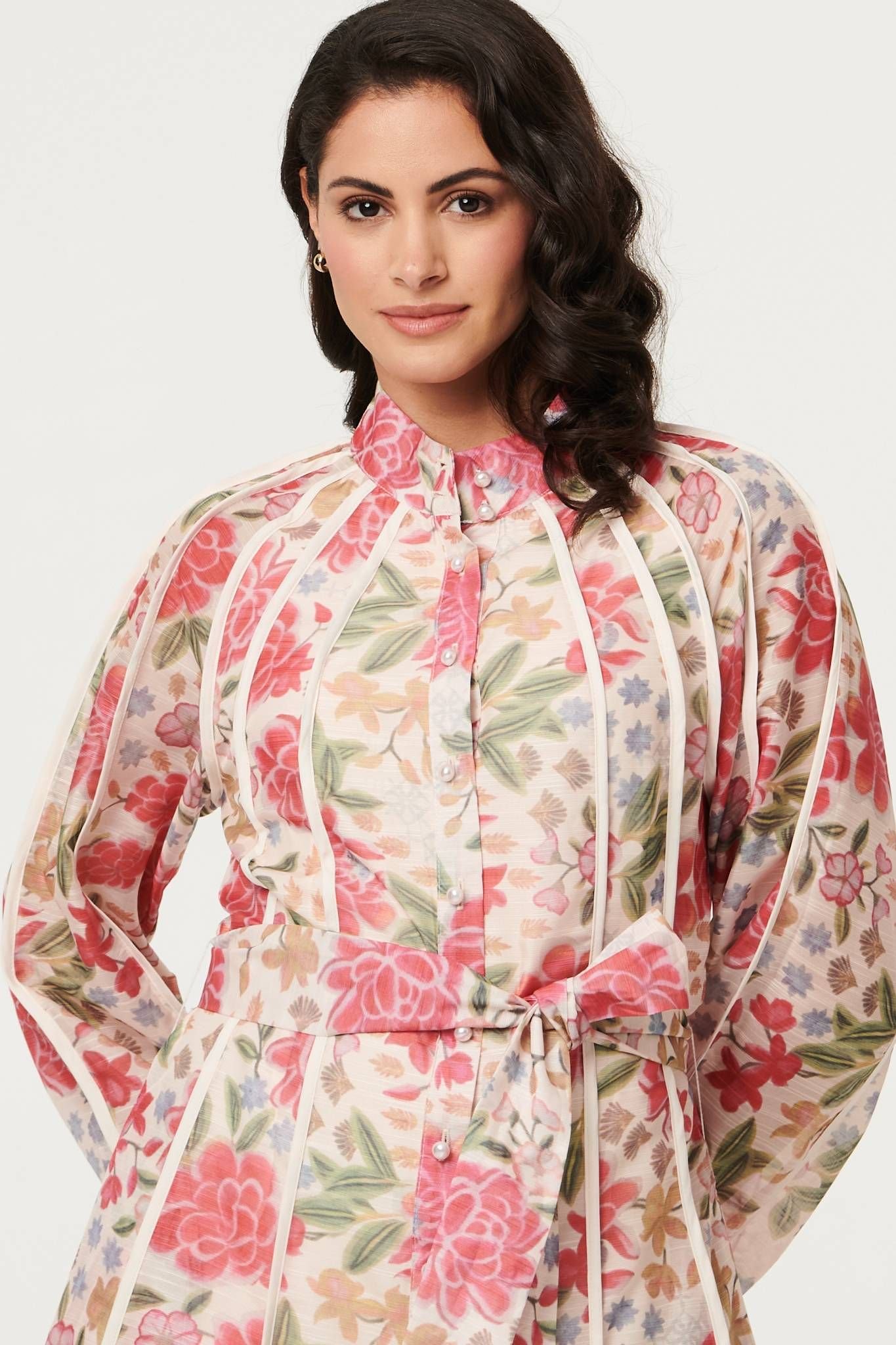 Izabel London Izabel London Women's Floral Tie Waist High Neck Midi Dress in Pink - 3