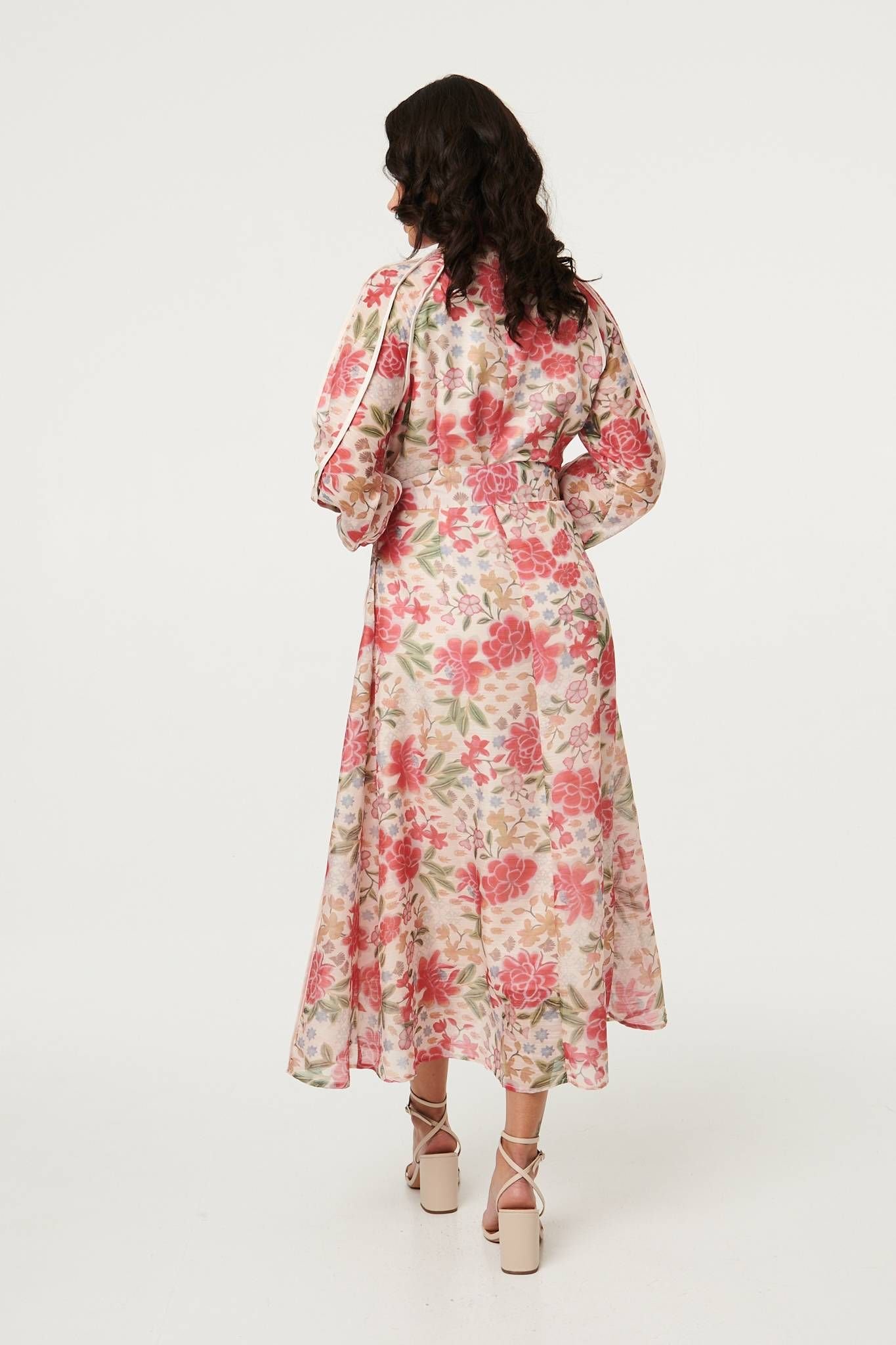 Izabel London Izabel London Women's Floral Tie Waist High Neck Midi Dress in Pink - 4