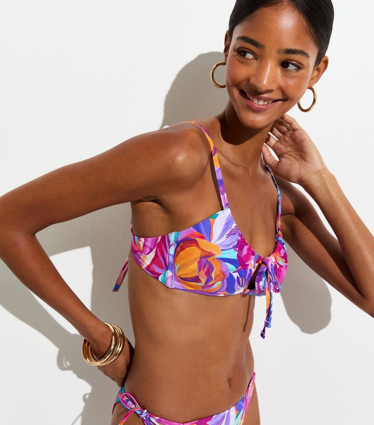 New Look Women's Purple Tropical Leaf Print Tie Crop Bikini Top New Look