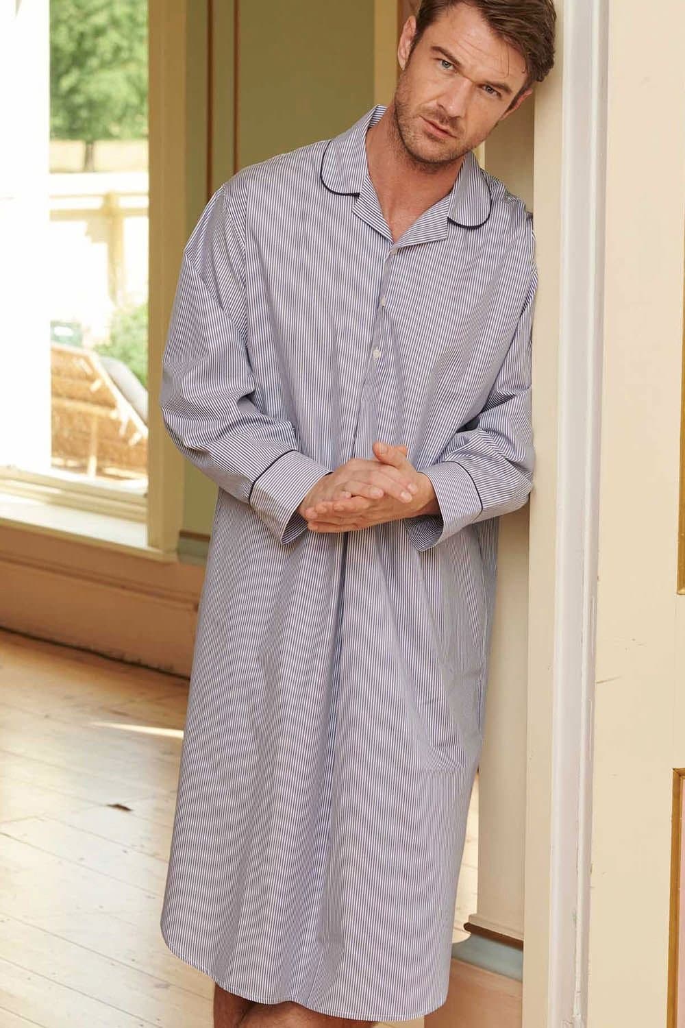 British Boxers British Boxers Men's "Navy Pinstripe" Crisp Cotton Nightshirt in Mid Navy