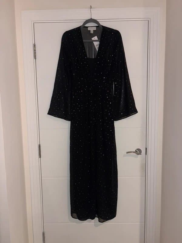Never Fully Dressed Never Fully Dressed Black Colourful Star Print Maxi Dress Size 10 Occasion Party flared sleeve