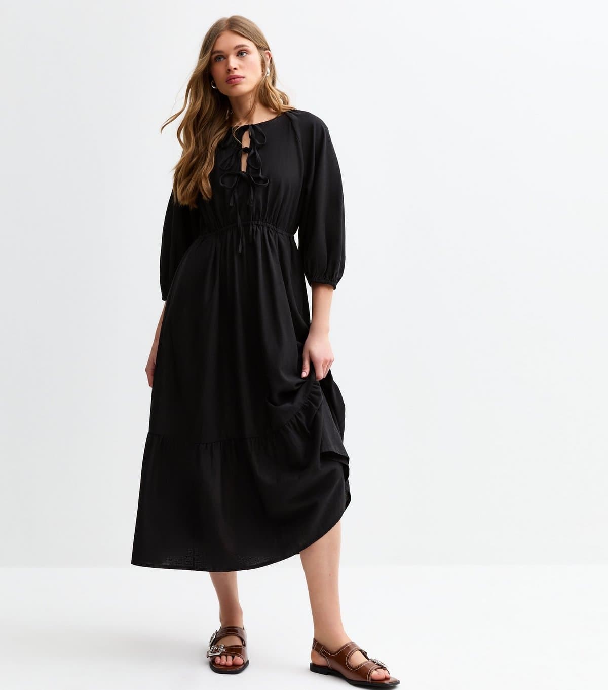 New Look Women's Black Bow Front Midi Dress New Look