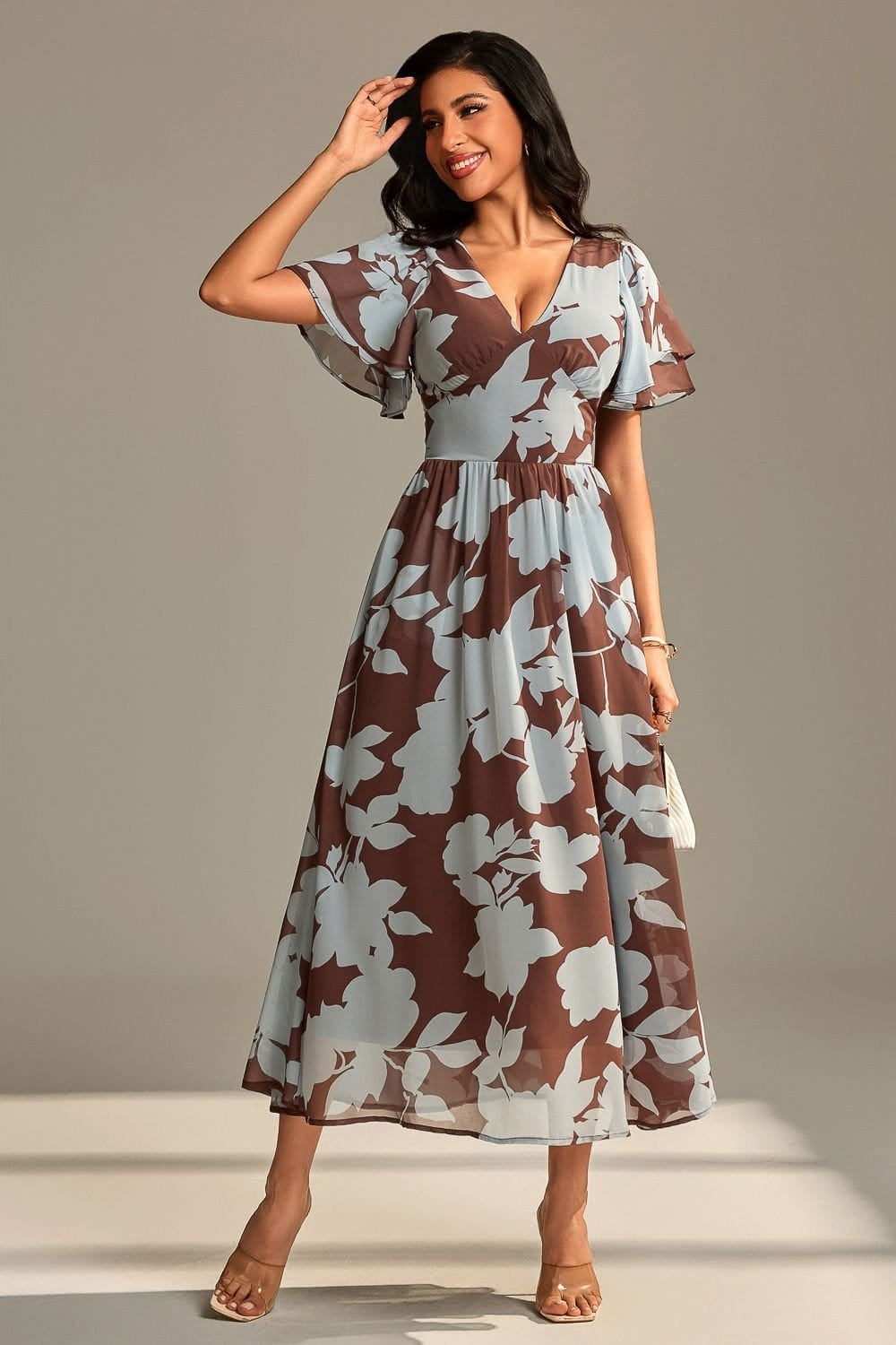 Jolie Moi Jolie Moi Women's Layered Angel Sleeved Chiffon Maxi Dress in Brown - 4