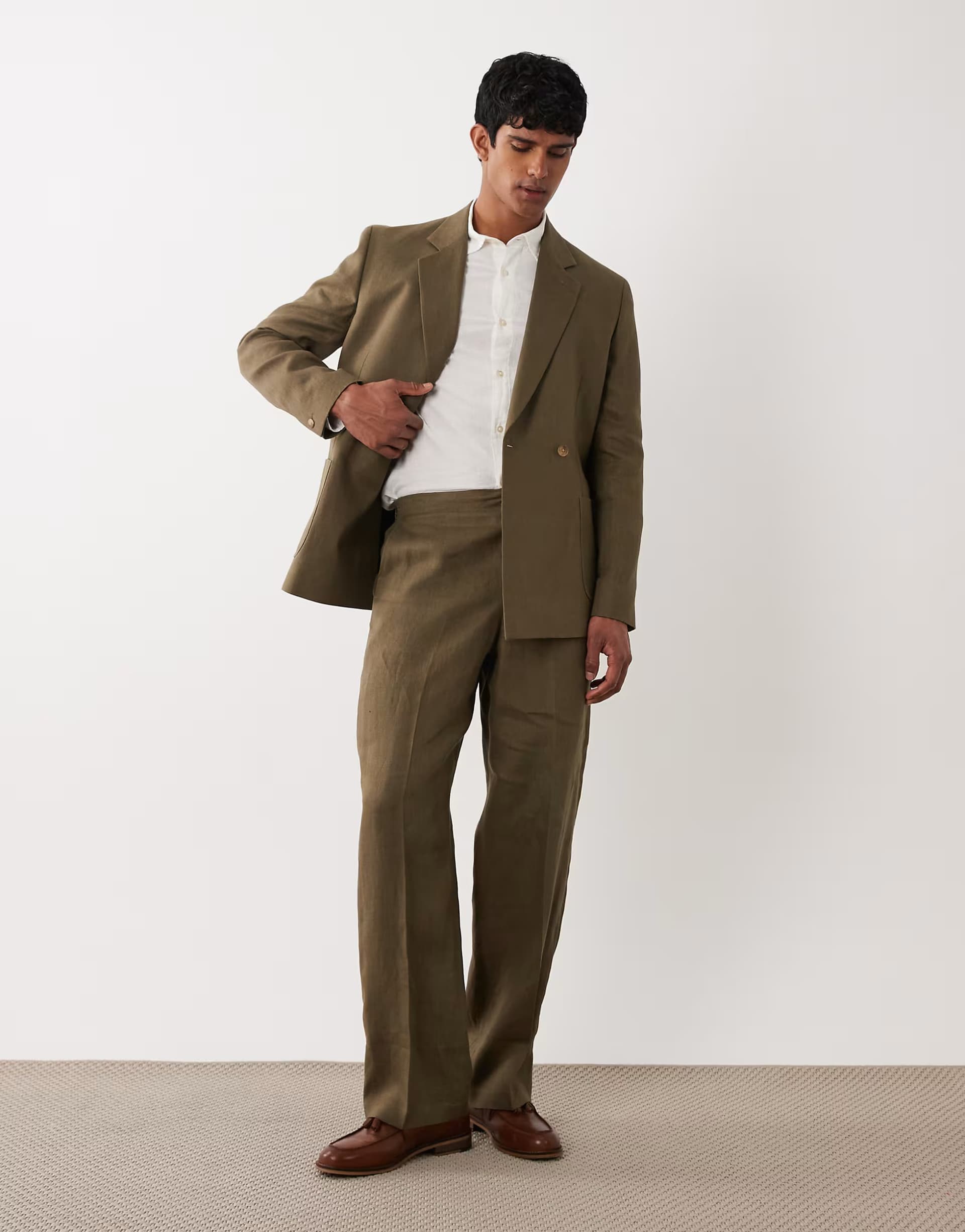 ASOS ASOS DESIGN Premium 100% linen wide suit trousers in olive green