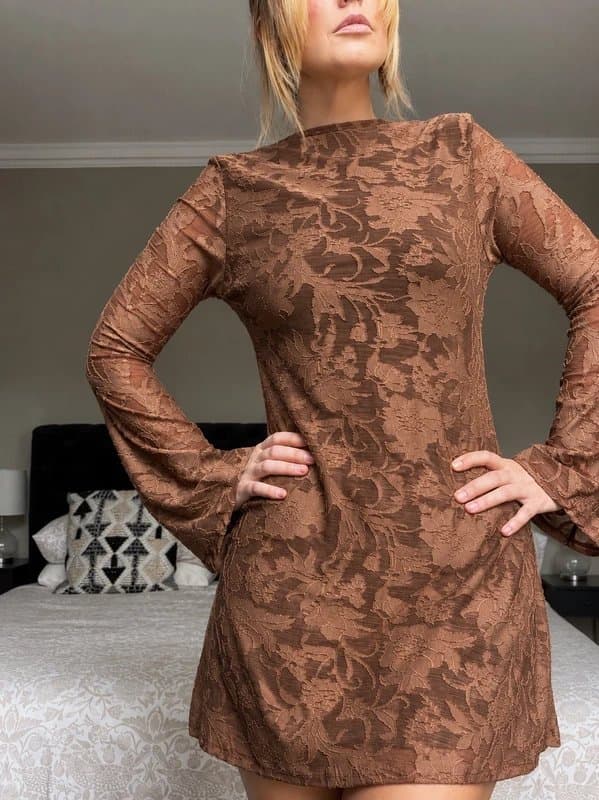 ASOS ASOS Brown Floral Jacquard Open Back Mini Dress UK 8-10