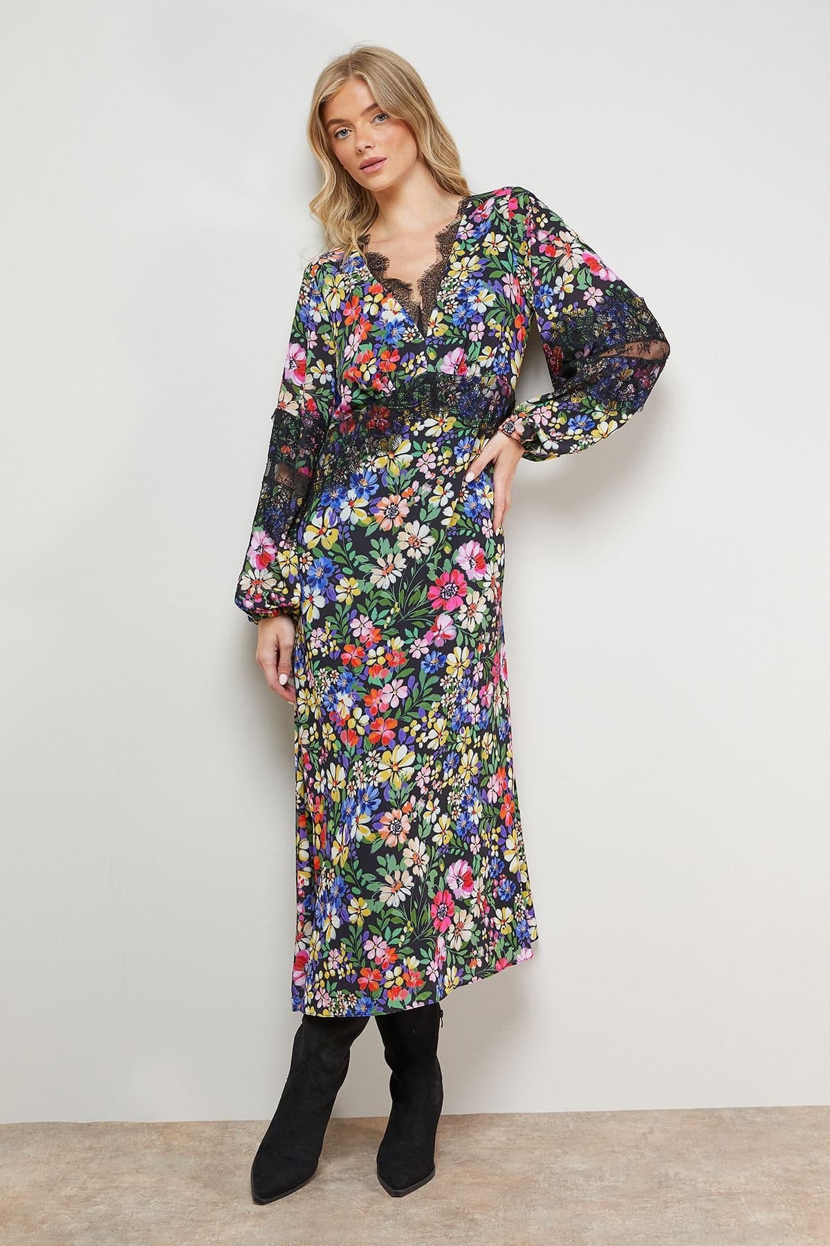 Oasis Oasis Women's Printed Lace Insert Bias Midi Dress