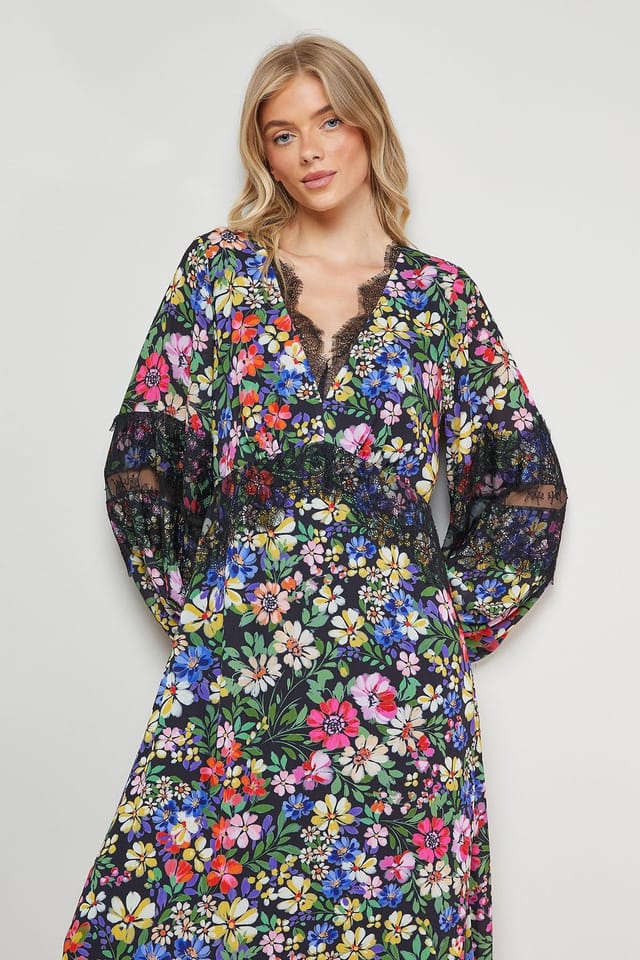 Oasis Oasis Women's Printed Lace Insert Bias Midi Dress - 2