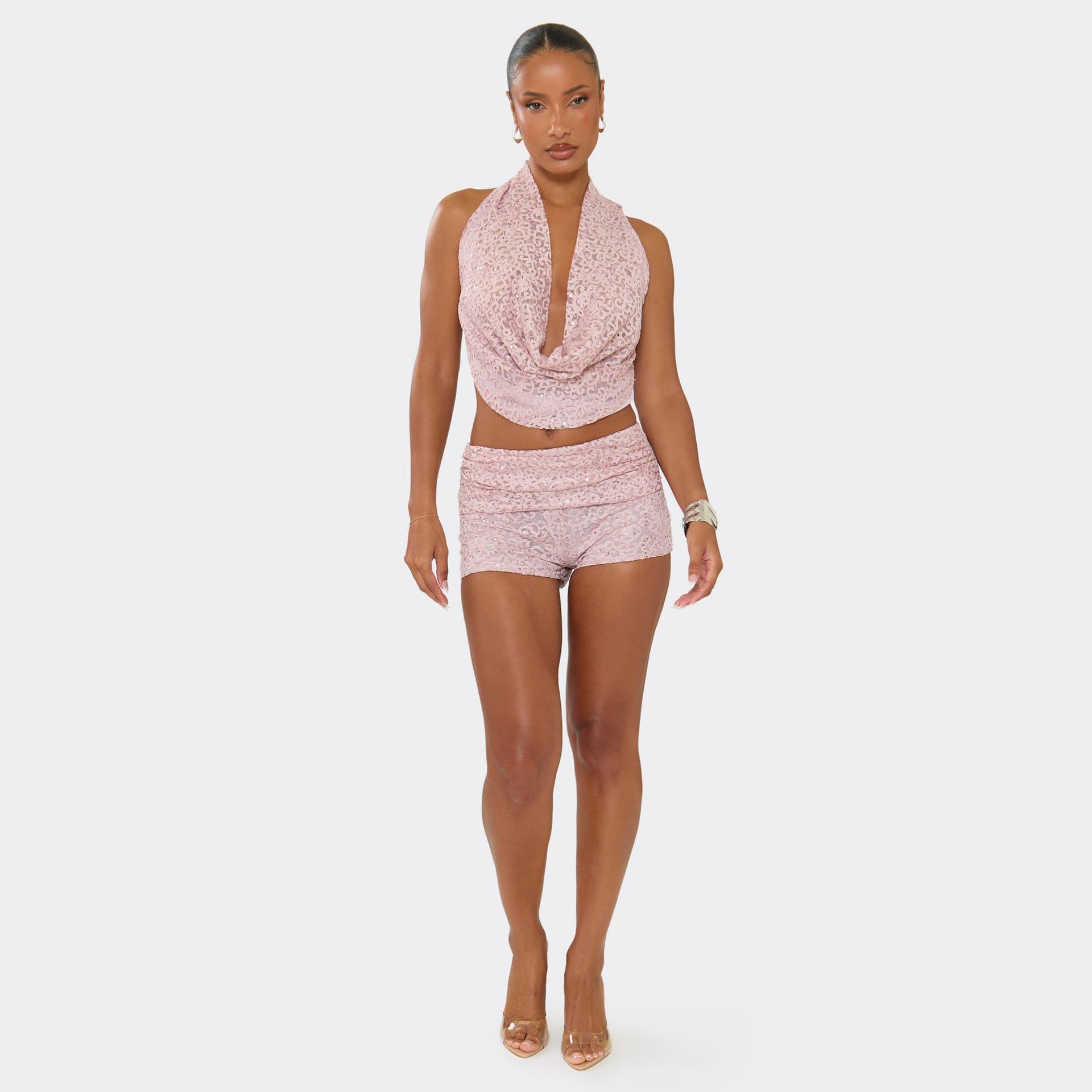 EGO Low Waist Mini Shorts In Pink Sequin, Women's Size UK 8