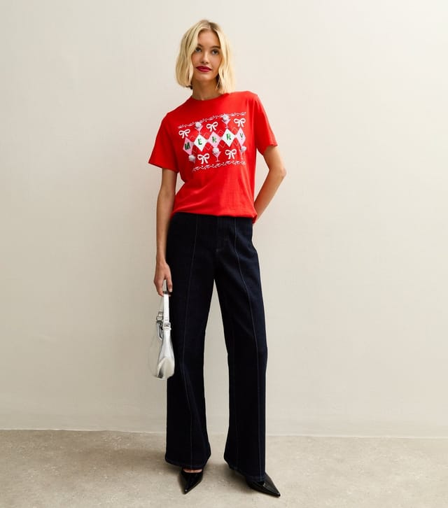 New Look Women's Bright Red Christmas Merry Garland Relaxed T-Shirt New Look - 3