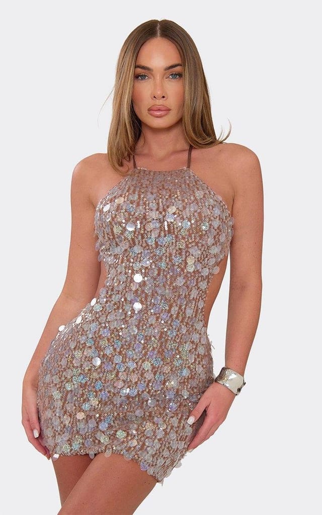 EGO Backless Mini Dress In Brown Disc Sequin, Women's Size UK 6 - 2
