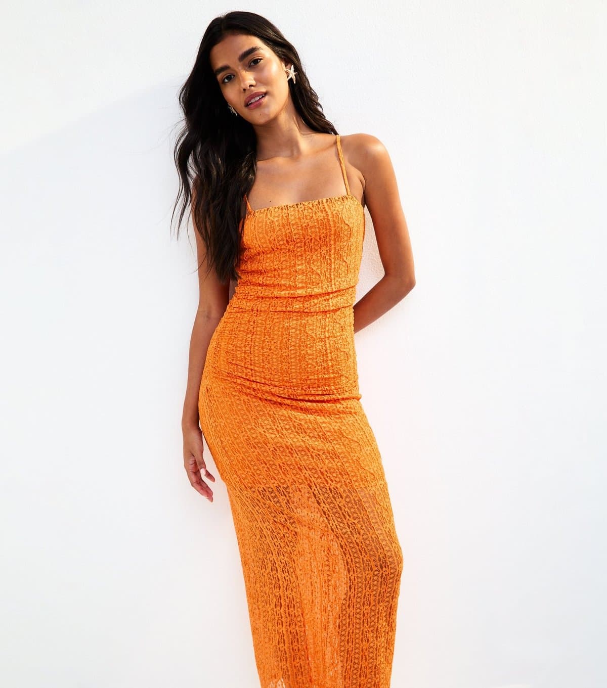 New Look Women's Bright Orange Lace Strappy Midi Dress New Look