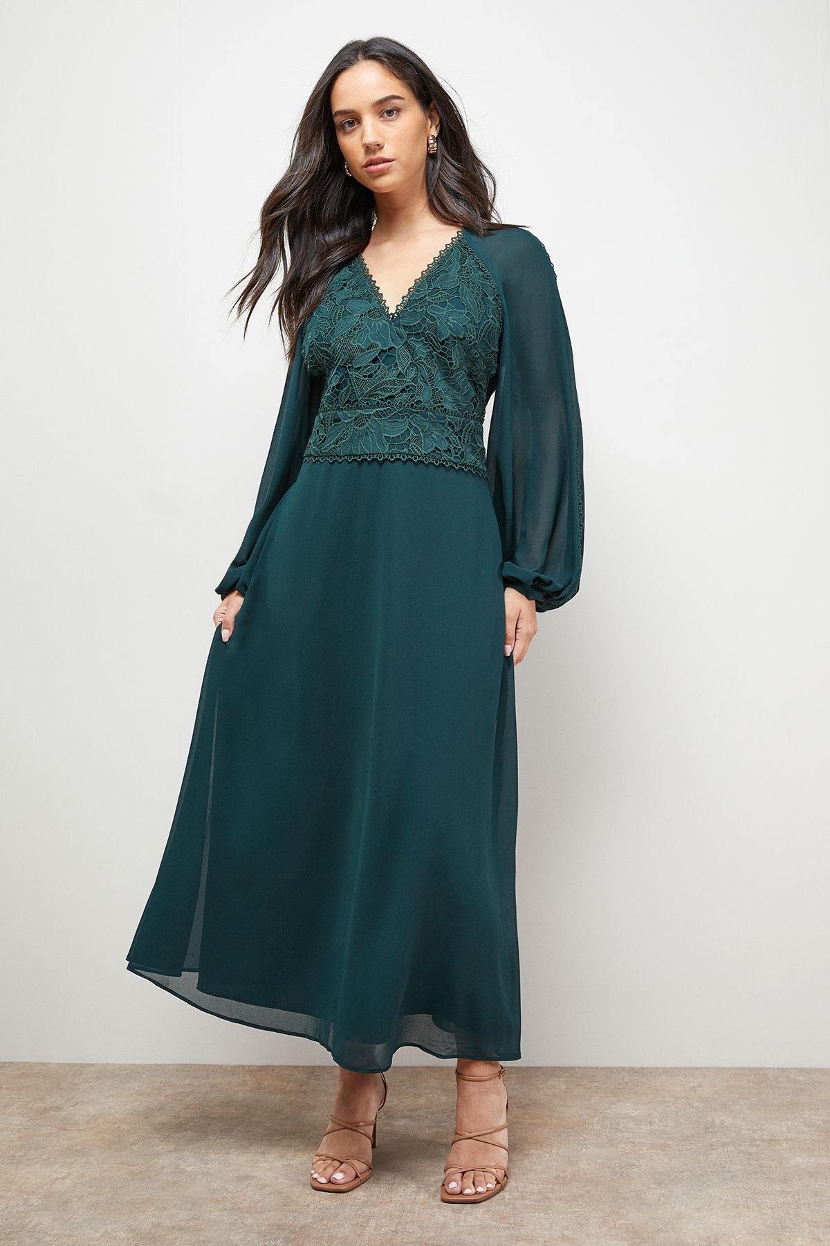Oasis Oasis Women's Lace Front Balloon Sleeve Midi Dress in Green - 2