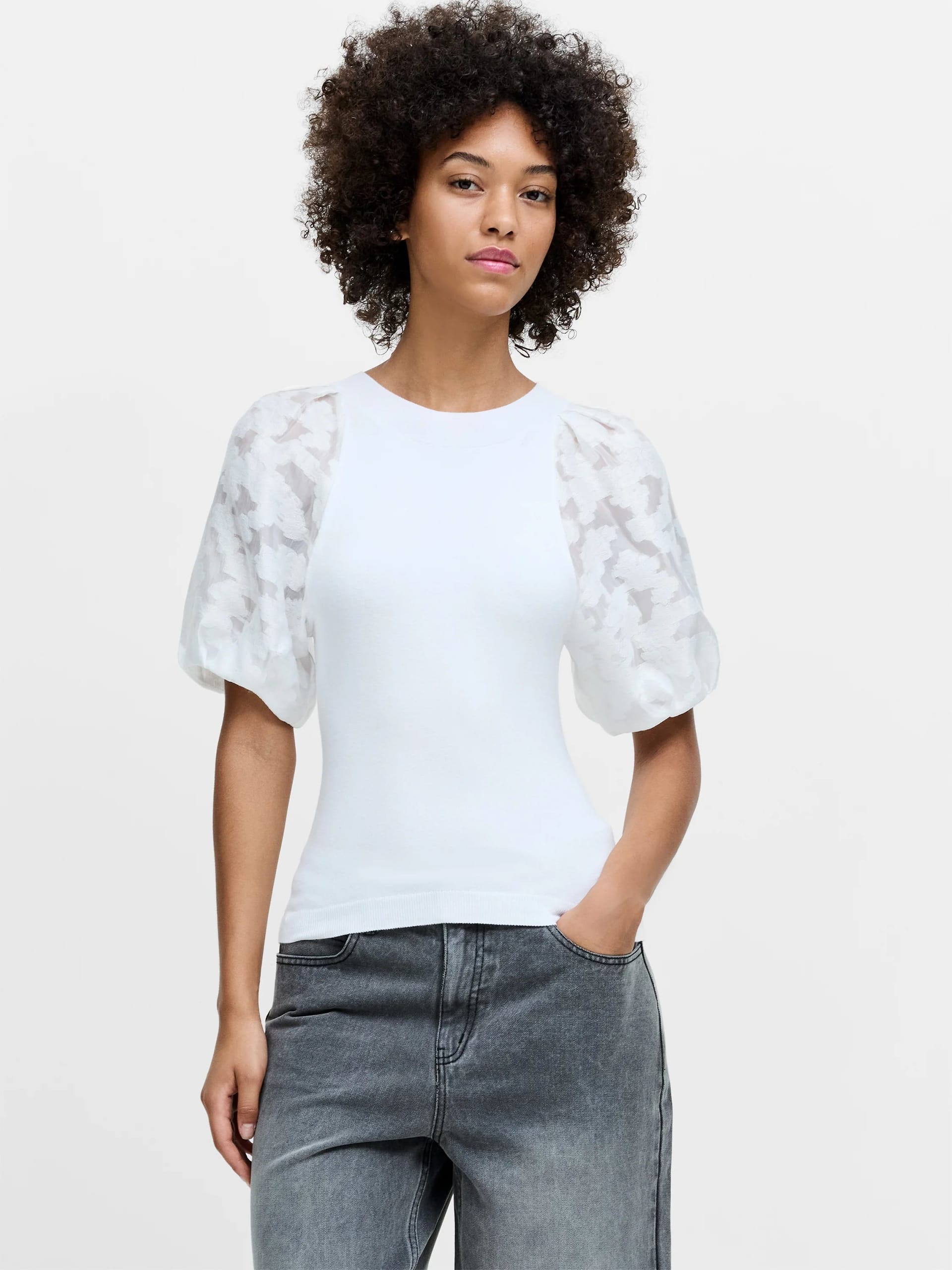 French Connection White Sheer Jacquard Puff Sleeve Knit Top