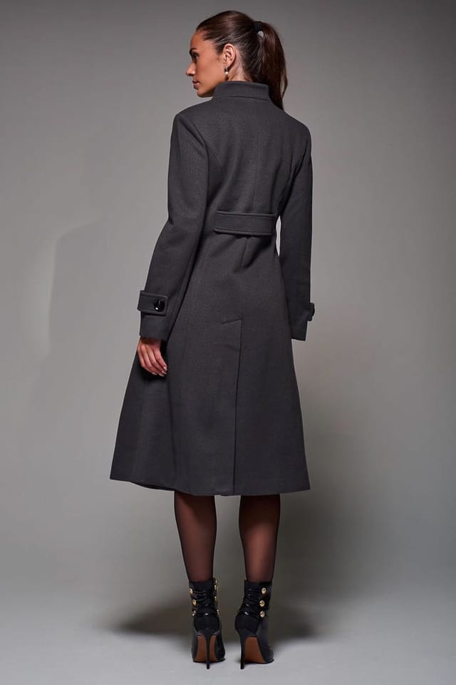 Jolie Moi Jolie Moi Women's Asymmetric Button Detail Fit & Flare Coat in Dark Grey - 2