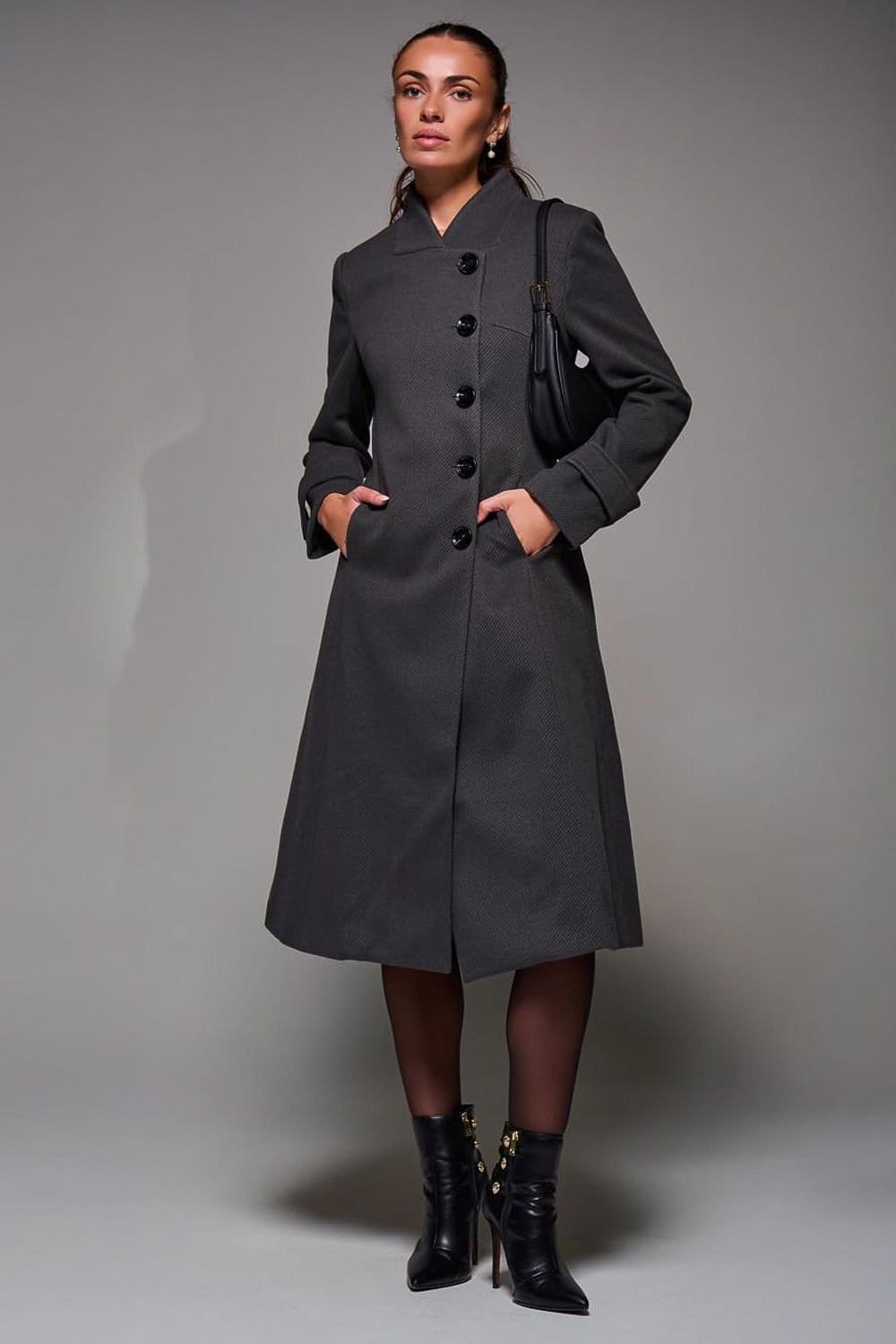 Jolie Moi Jolie Moi Women's Asymmetric Button Detail Fit & Flare Coat in Dark Grey - 4