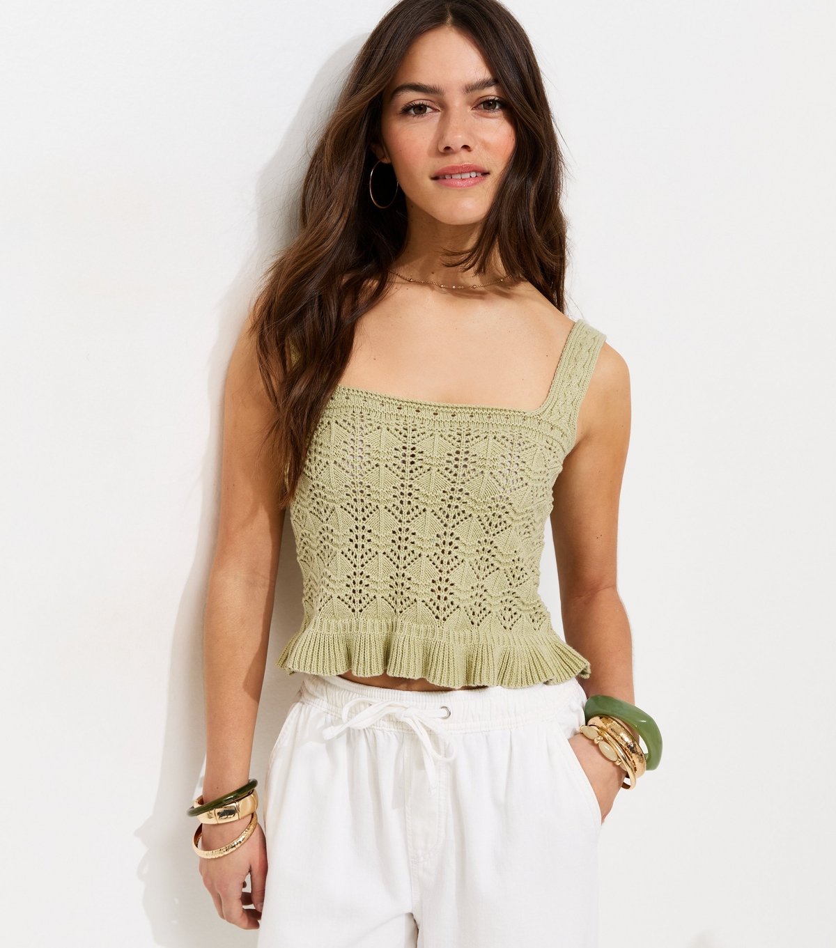 New Look Women's Petite Light Green Square Neck Crochet Vest New Look - 2