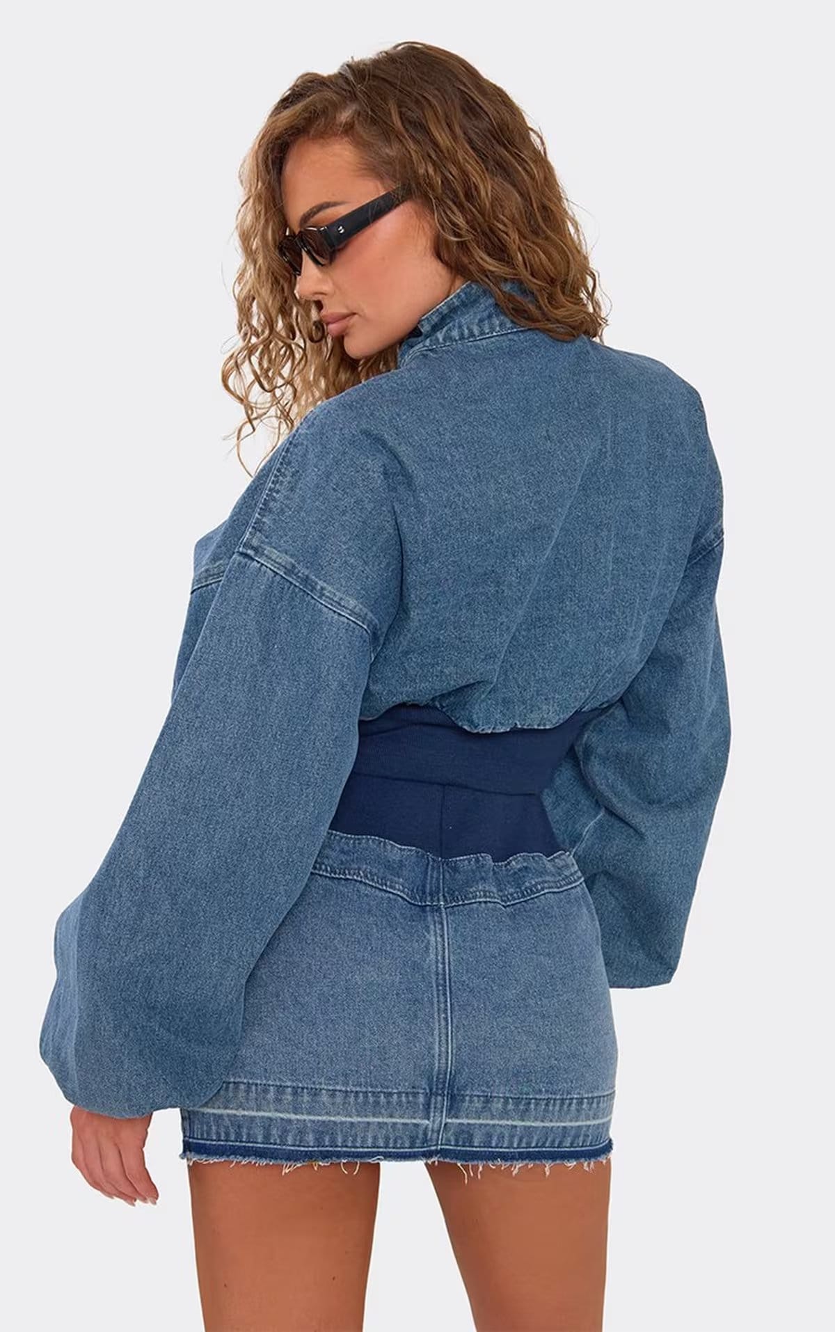 EGO Funnel Neck Contrast Waistband Detail Cropped Jacket In Mid