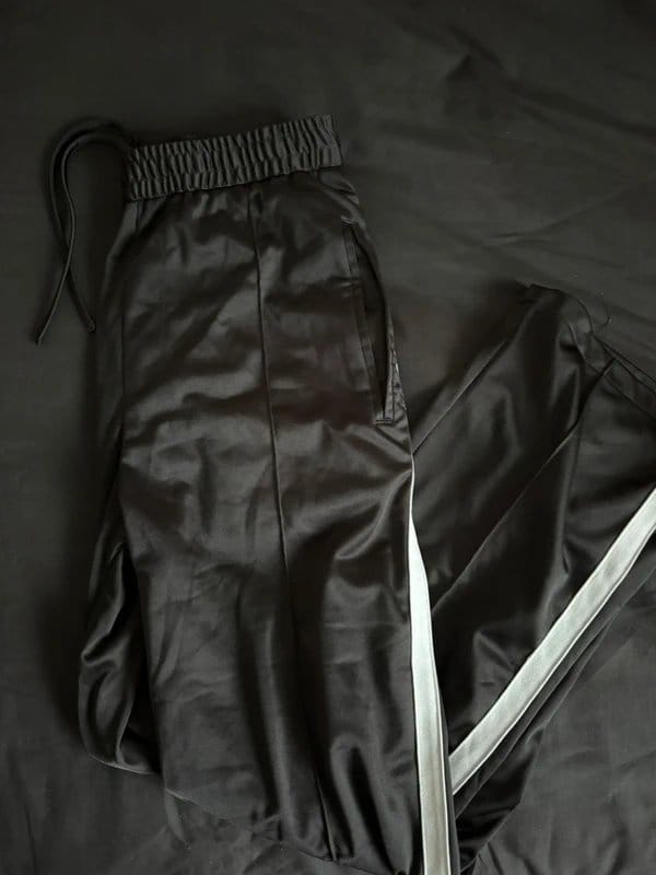Bershka Black Satin Track Pants with White Stripes
