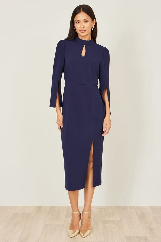 Yumi Yumi Women's Navy Fitted Midi Dress With Flute Sleeves - 3