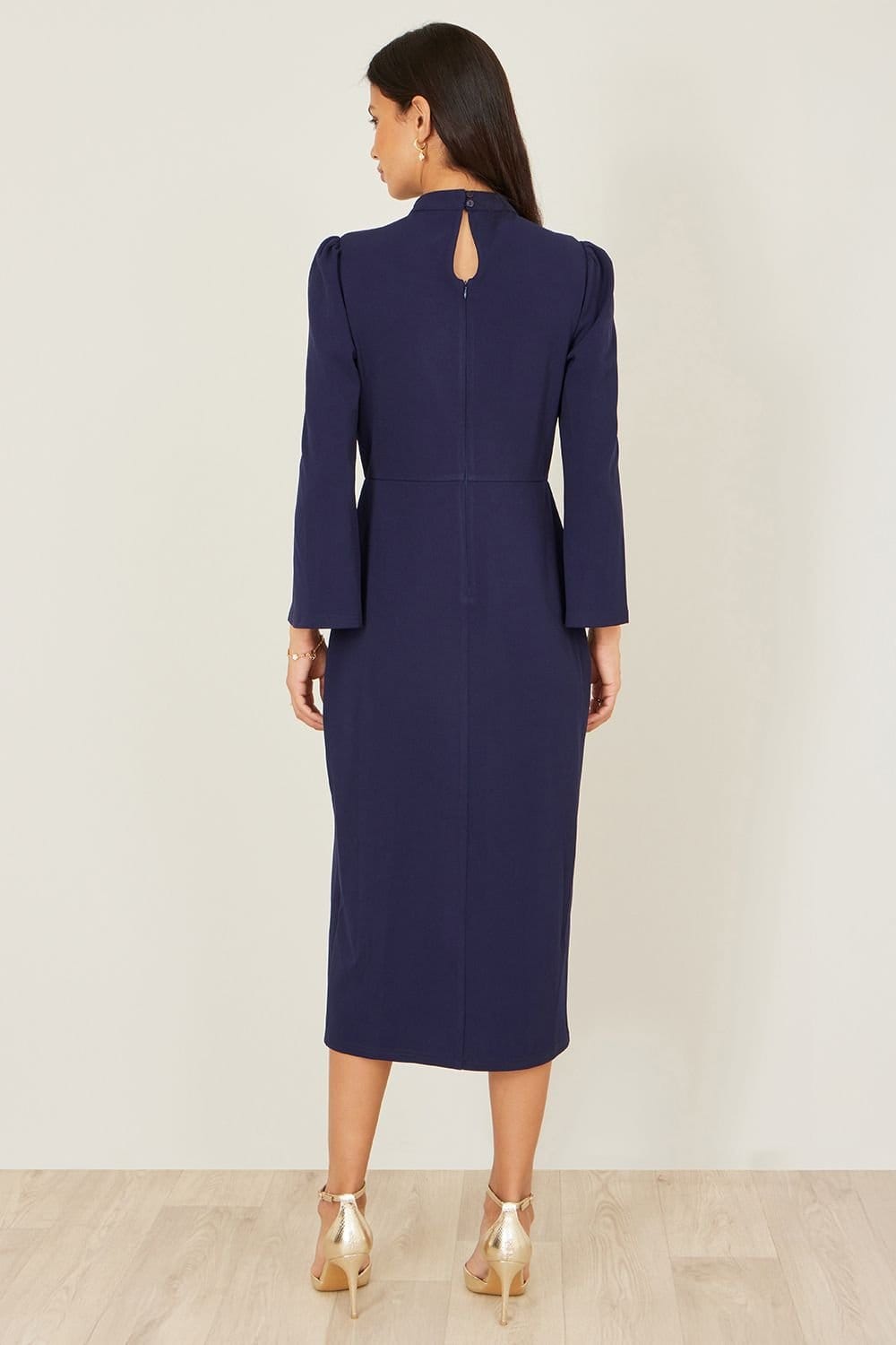 Yumi Yumi Women's Navy Fitted Midi Dress With Flute Sleeves - 4