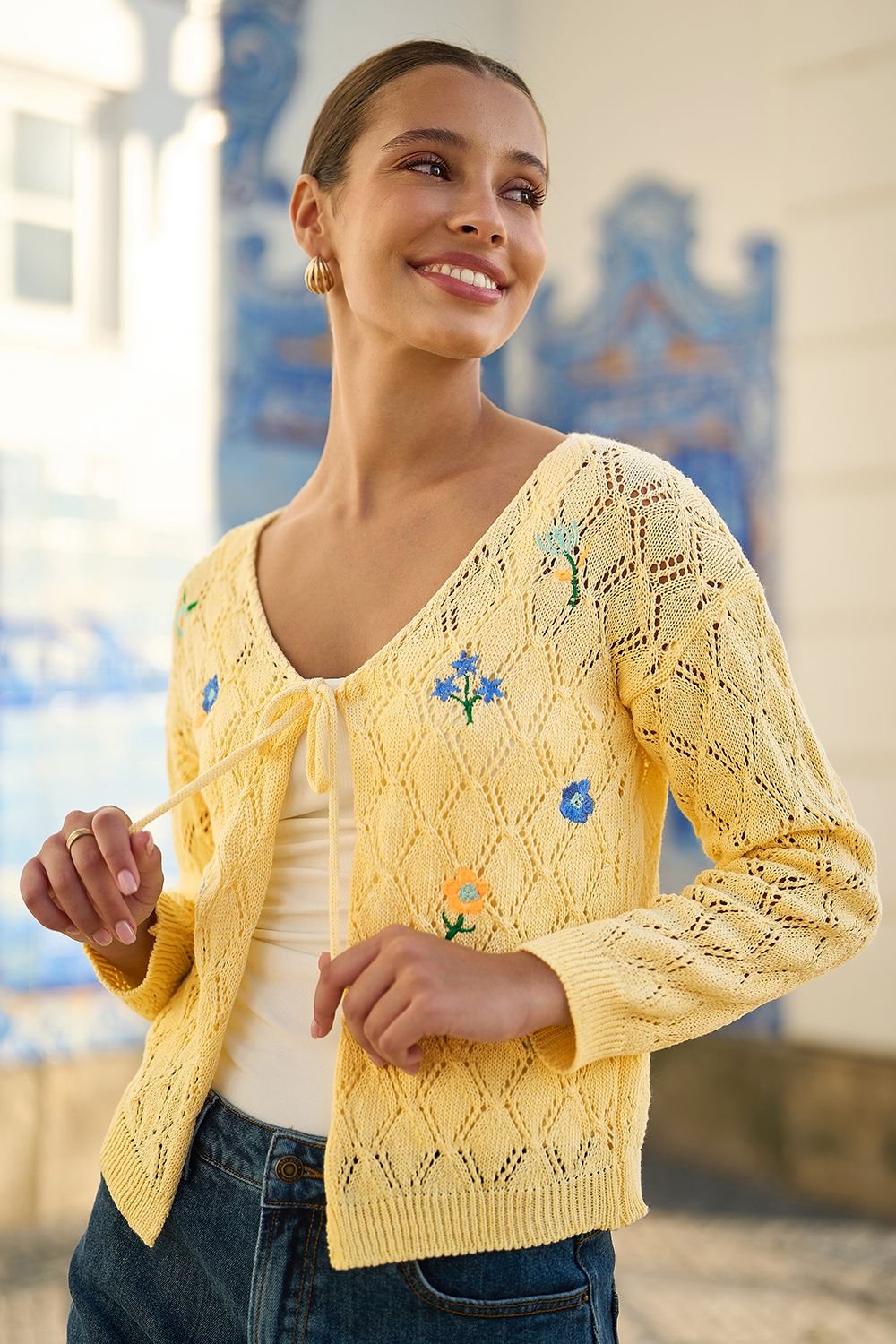 Yumi Yumi Women's Butter Yellow Embroidered Pointelle Cardigan - 2