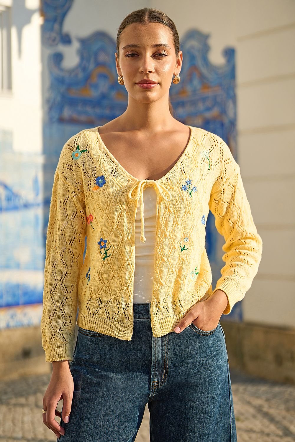 Yumi Yumi Women's Butter Yellow Embroidered Pointelle Cardigan - 3