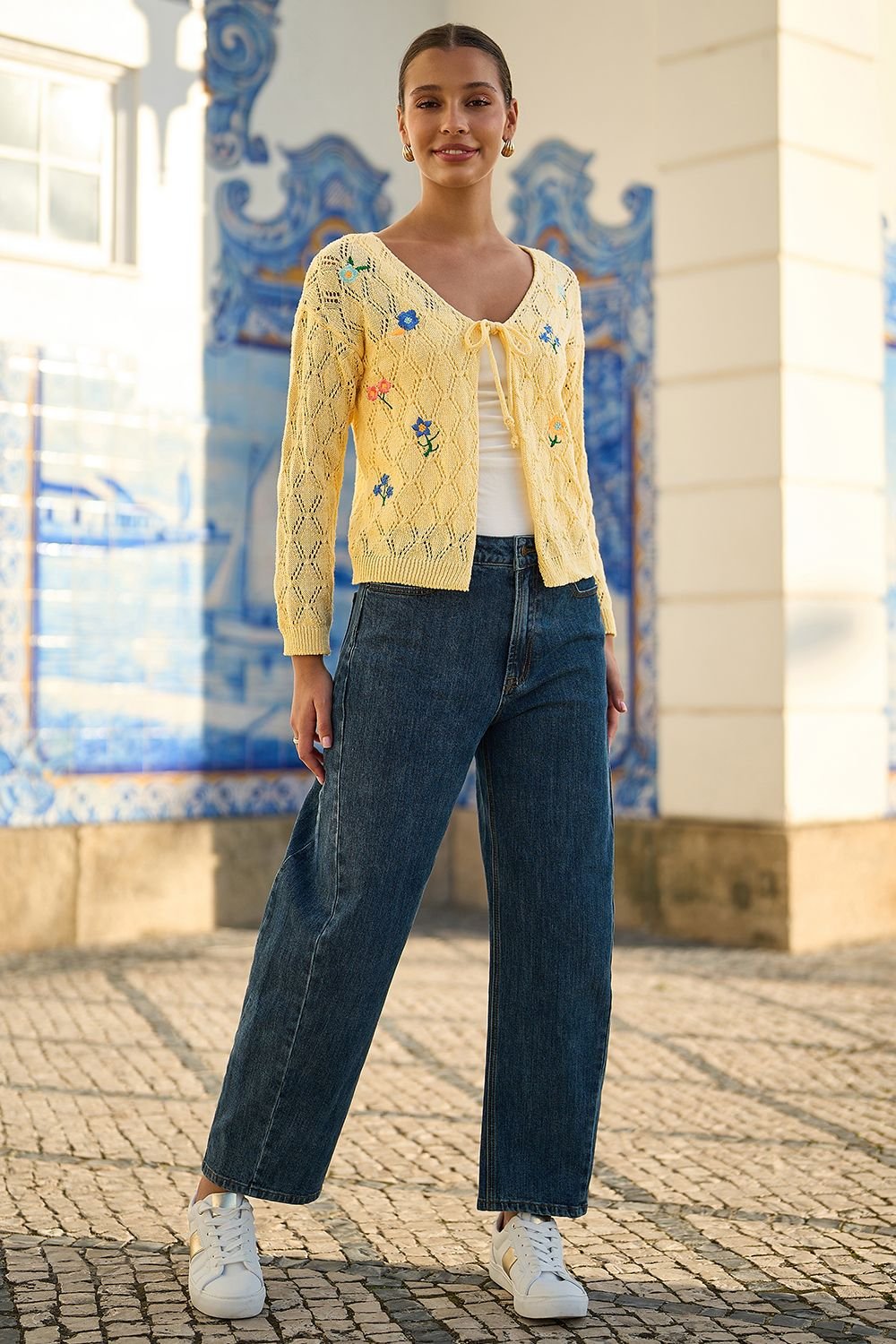 Yumi Yumi Women's Butter Yellow Embroidered Pointelle Cardigan - 4