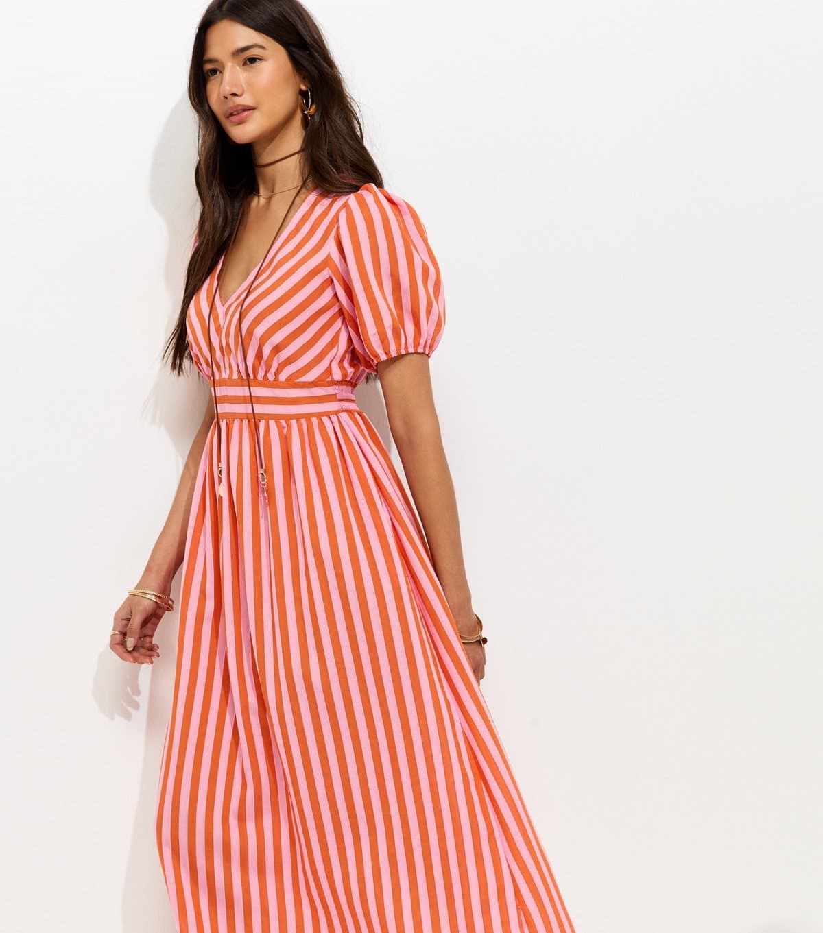 New Look Women's Pink Striped V-Neck Midi Dress New Look