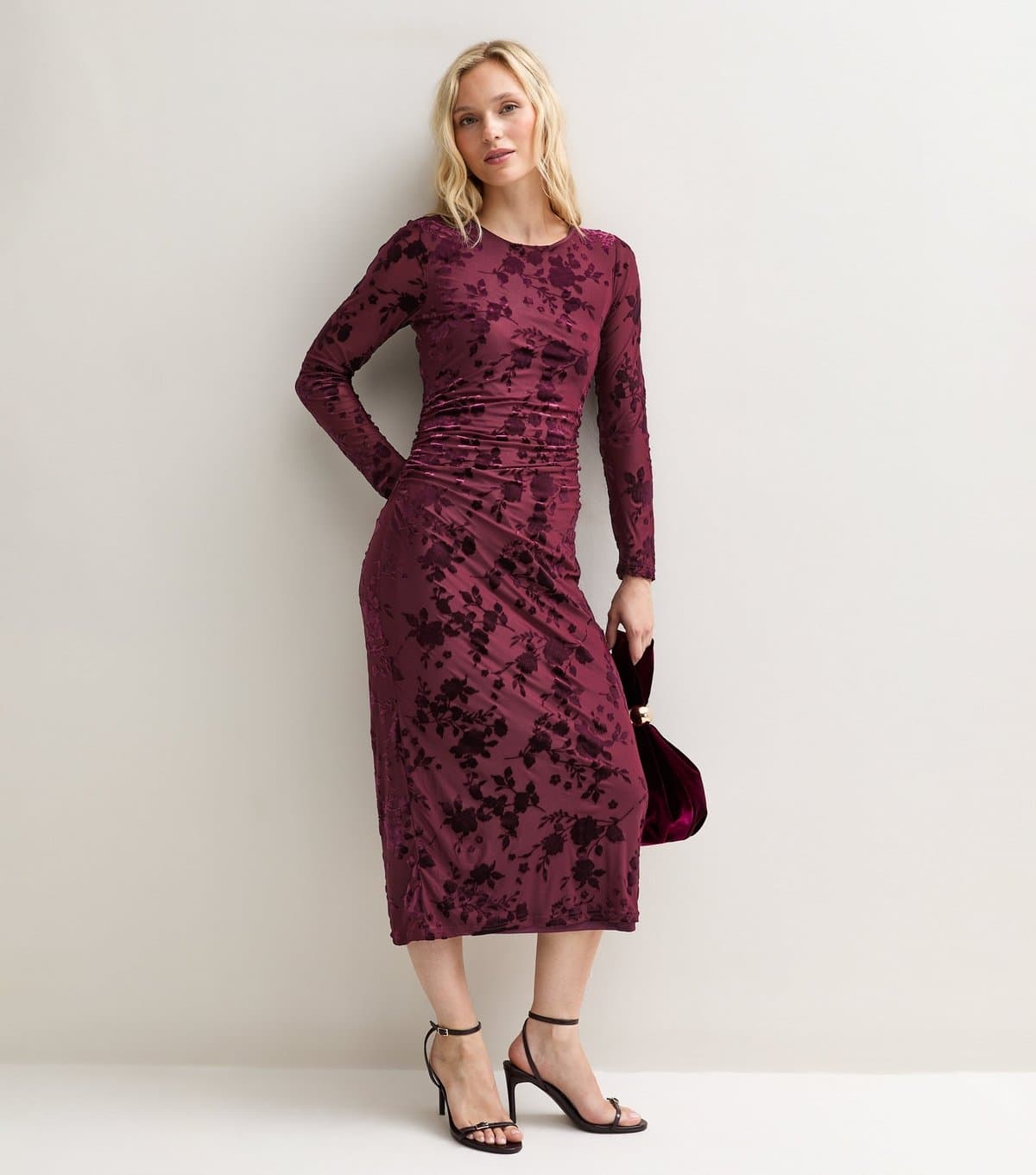 New Look Women's Petite Dark Burgundy Floral Flocked Long Sleeve Midi Dress New Look