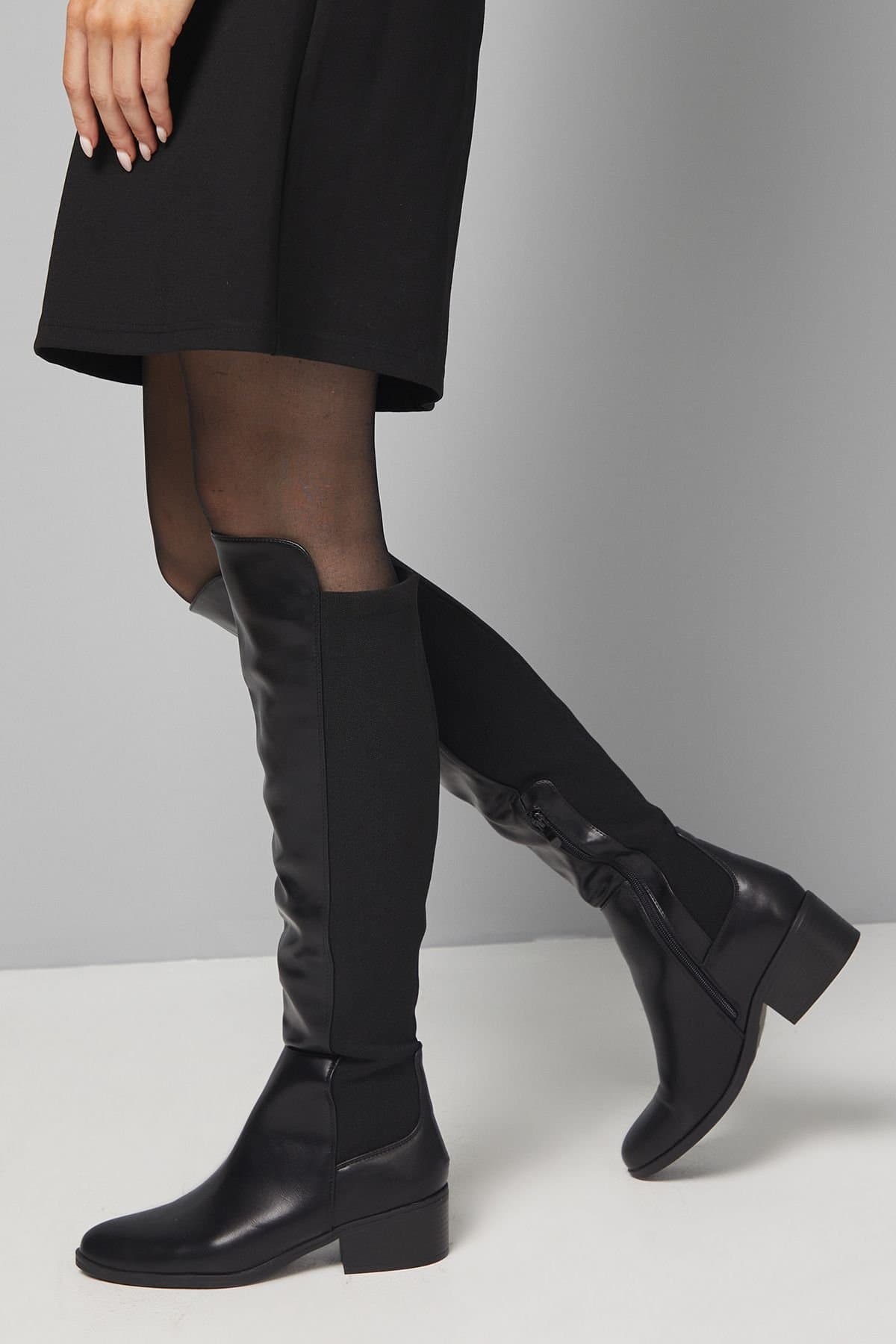 Wallis Wallis Women's Hannah Stretch Back Almond Toe Low Heel Knee Boots in Black