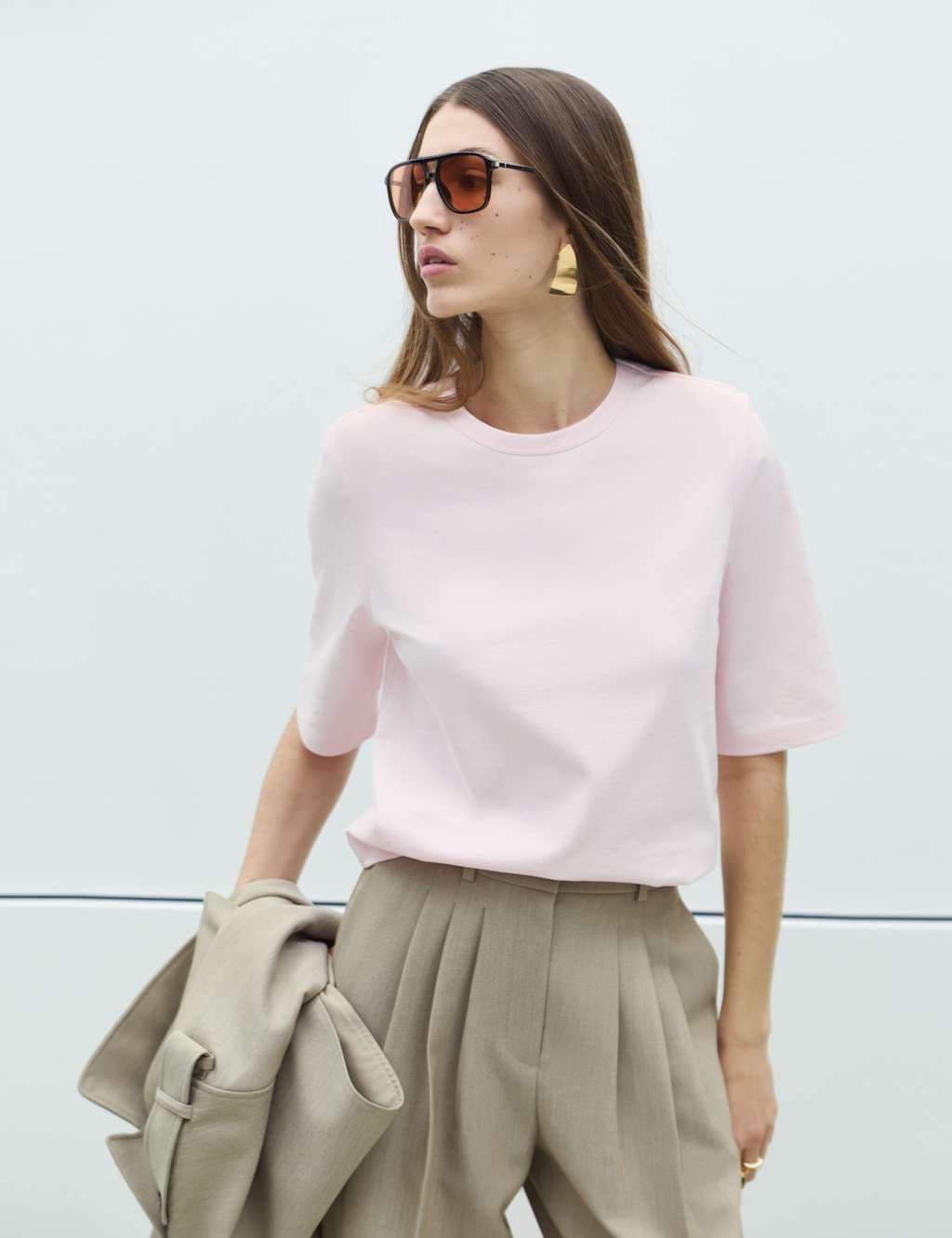 Marks & Spencer M&S Dusted Pink Cotton Rich Padded Shoulder T-Shirt