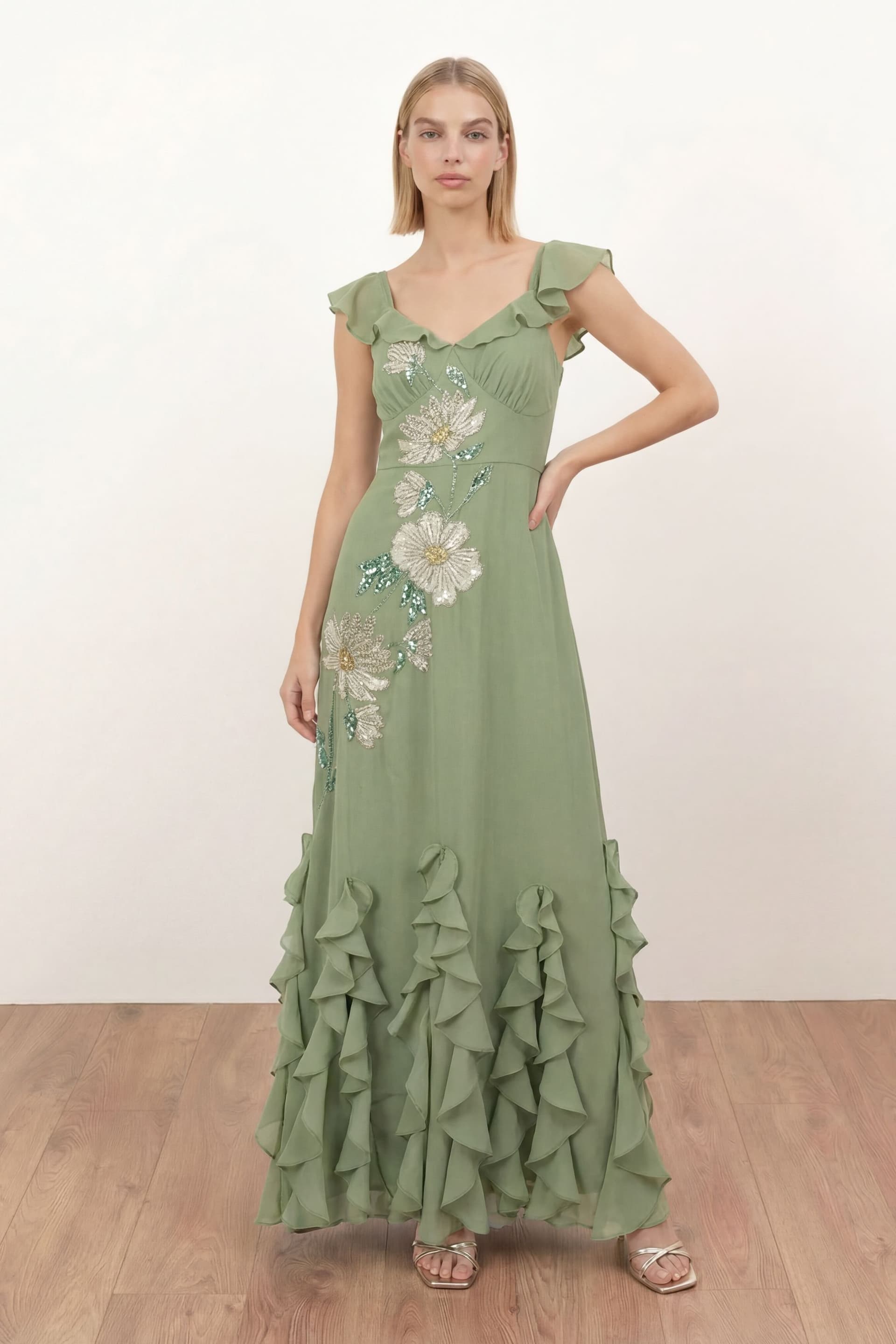 Maya Deluxe Maya Deluxe Women's Floral Embellished Waterfall Ruffle Maxi Dress in Olive