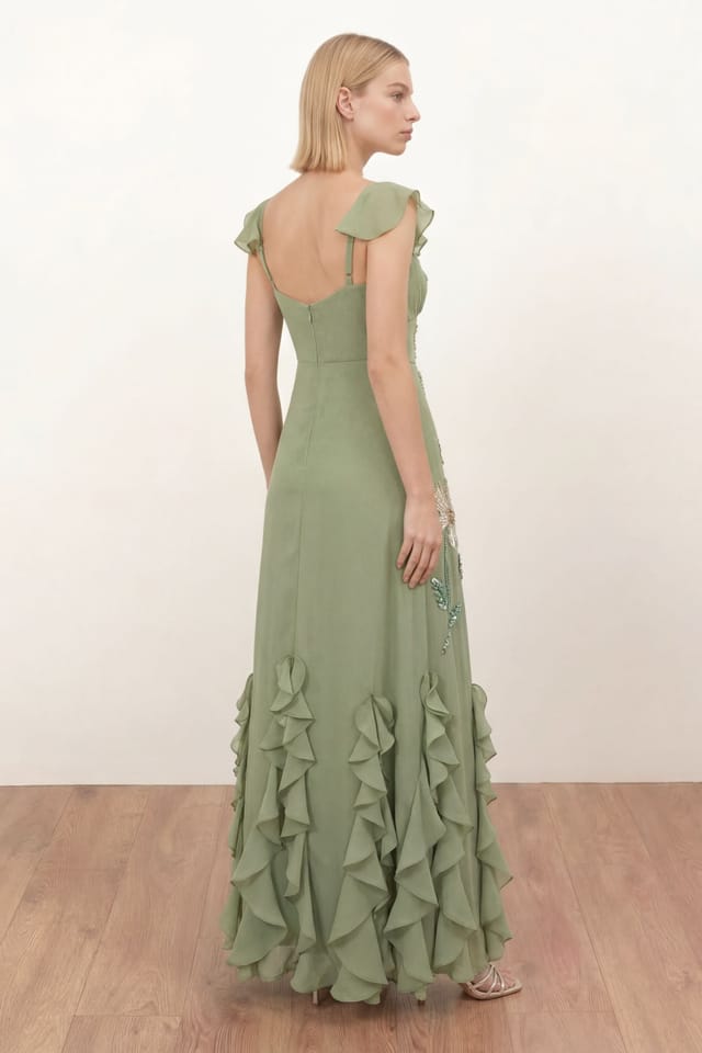 Maya Deluxe Maya Deluxe Women's Floral Embellished Waterfall Ruffle Maxi Dress in Olive - 2