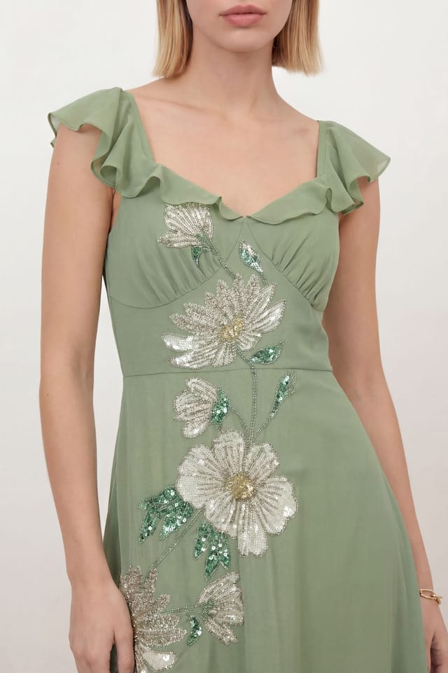 Maya Deluxe Maya Deluxe Women's Floral Embellished Waterfall Ruffle Maxi Dress in Olive - 3