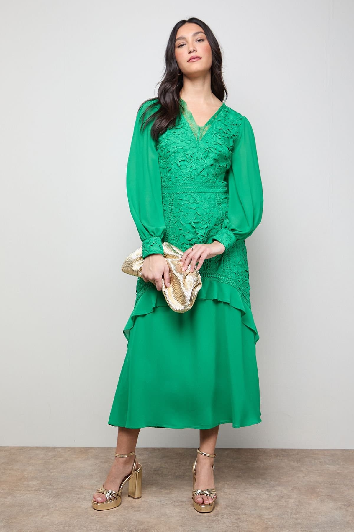 Oasis Oasis Women's Lace Puff Sleeve V Neck Midaxi Dress in Green