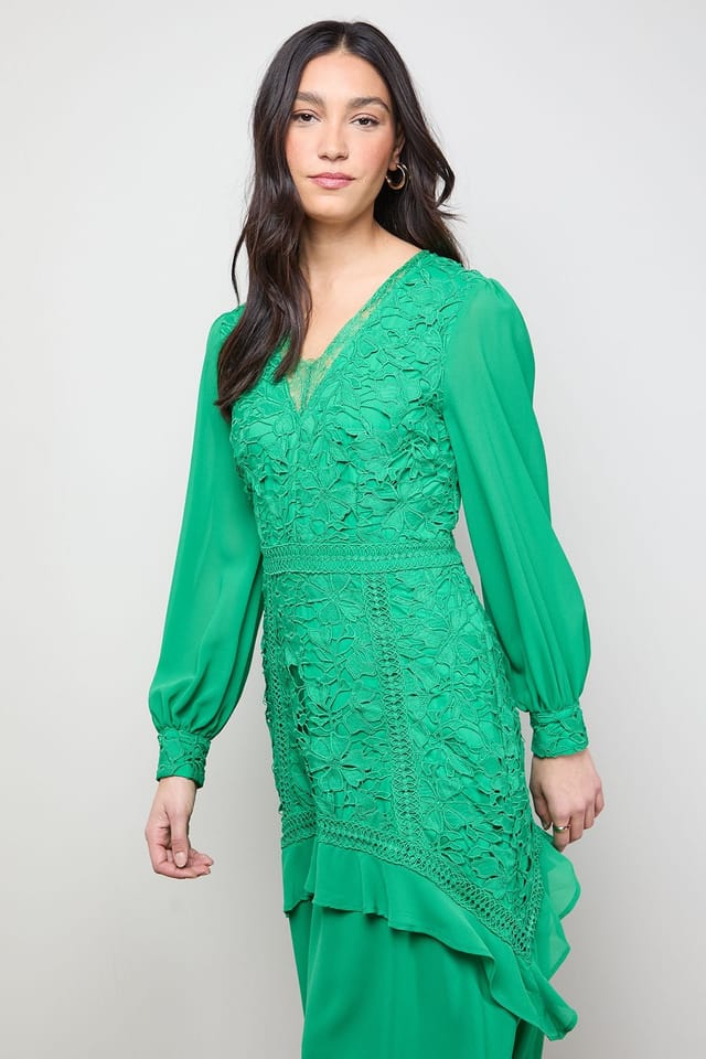 Oasis Oasis Women's Lace Puff Sleeve V Neck Midaxi Dress in Green - 2
