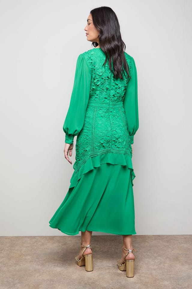 Oasis Oasis Women's Lace Puff Sleeve V Neck Midaxi Dress in Green - 3