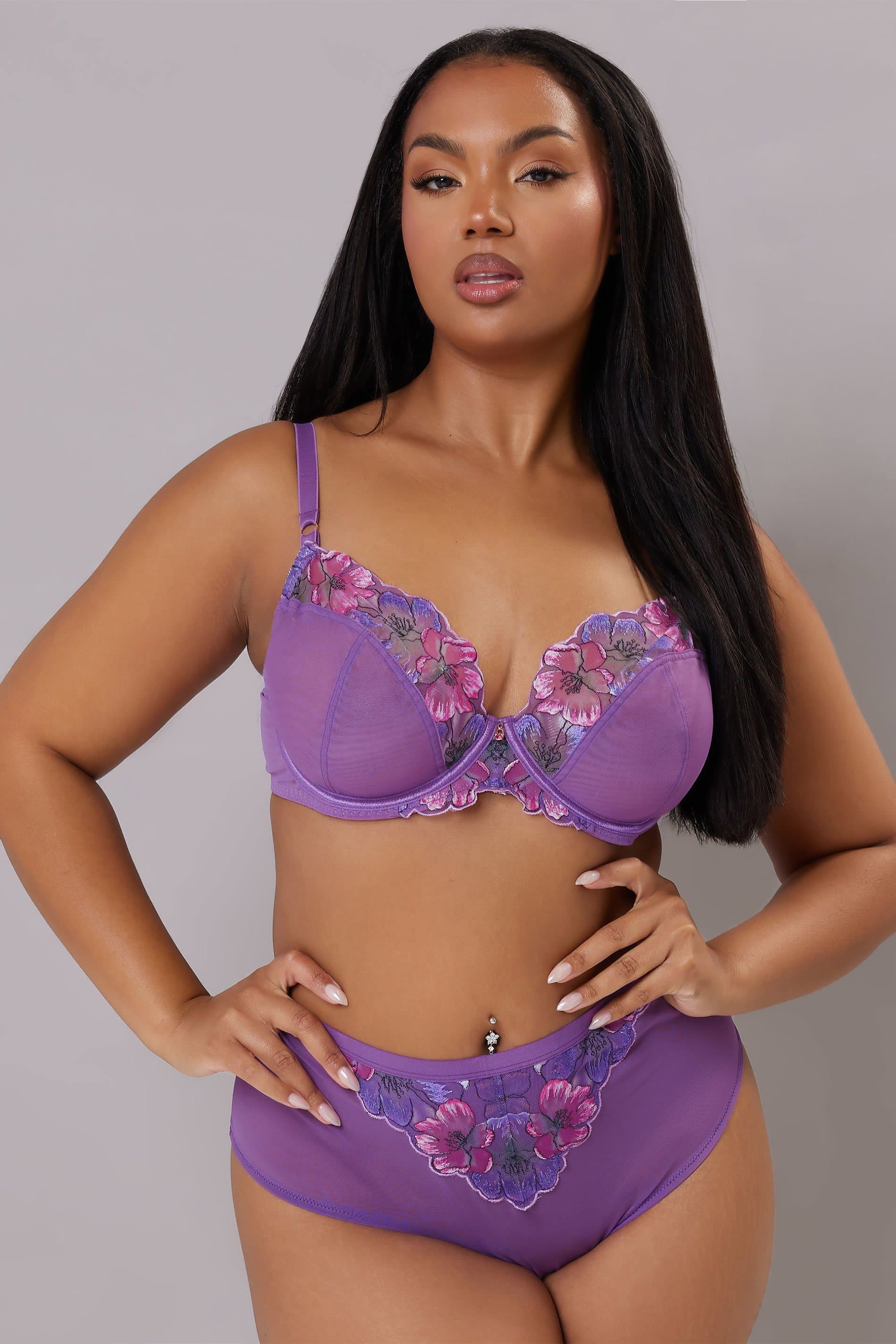 Yours Plus Size Purple Floral Embroidered Underwired Bra