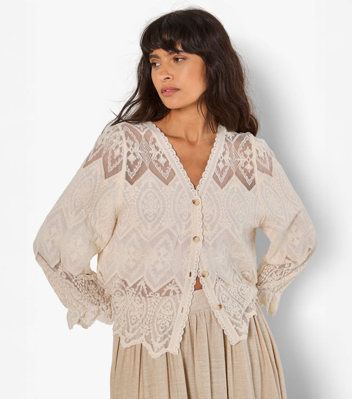 Apricot Women's Stone Embroidered V-Neck Cardigan Apricot New Look