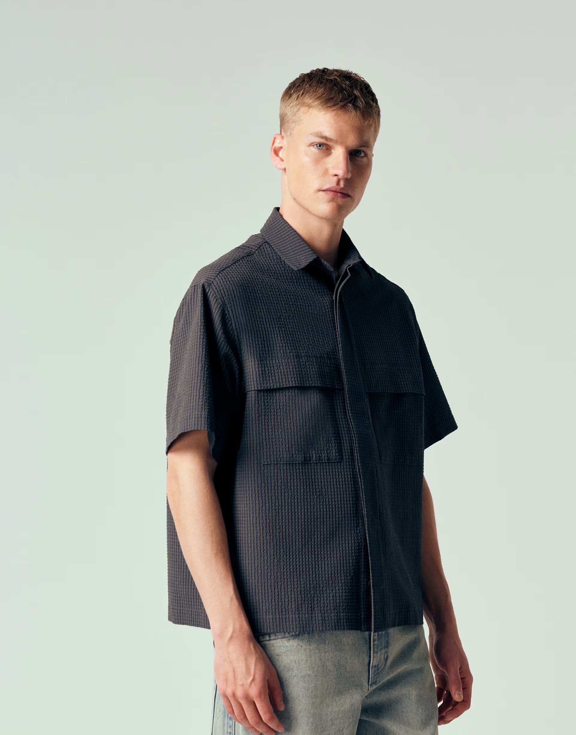 ASOS ASOS DESIGN boxy oversized utility seersucker textured shirt in charcoal