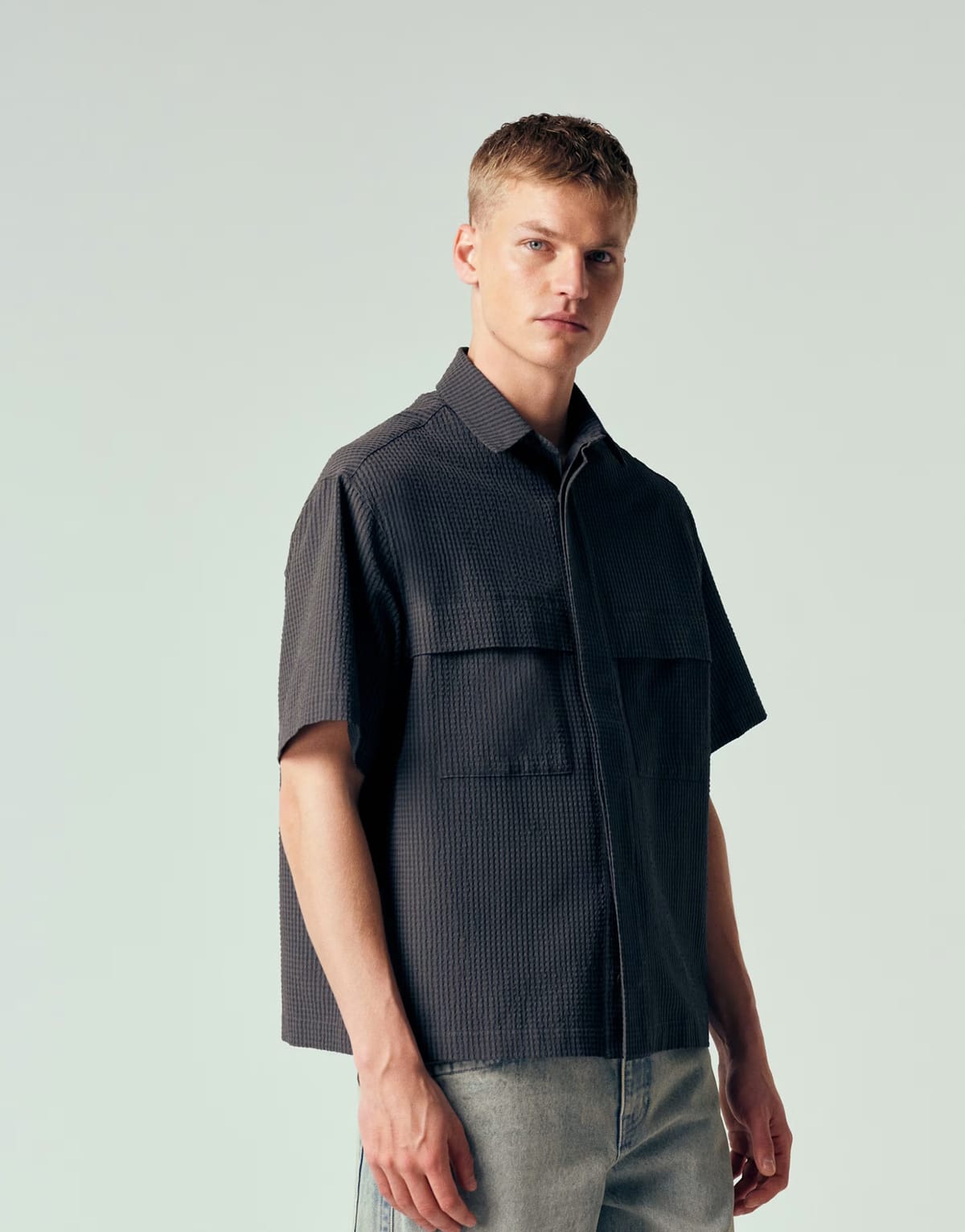 ASOS ASOS DESIGN boxy oversized utility seersucker textured shirt in charcoal - 1