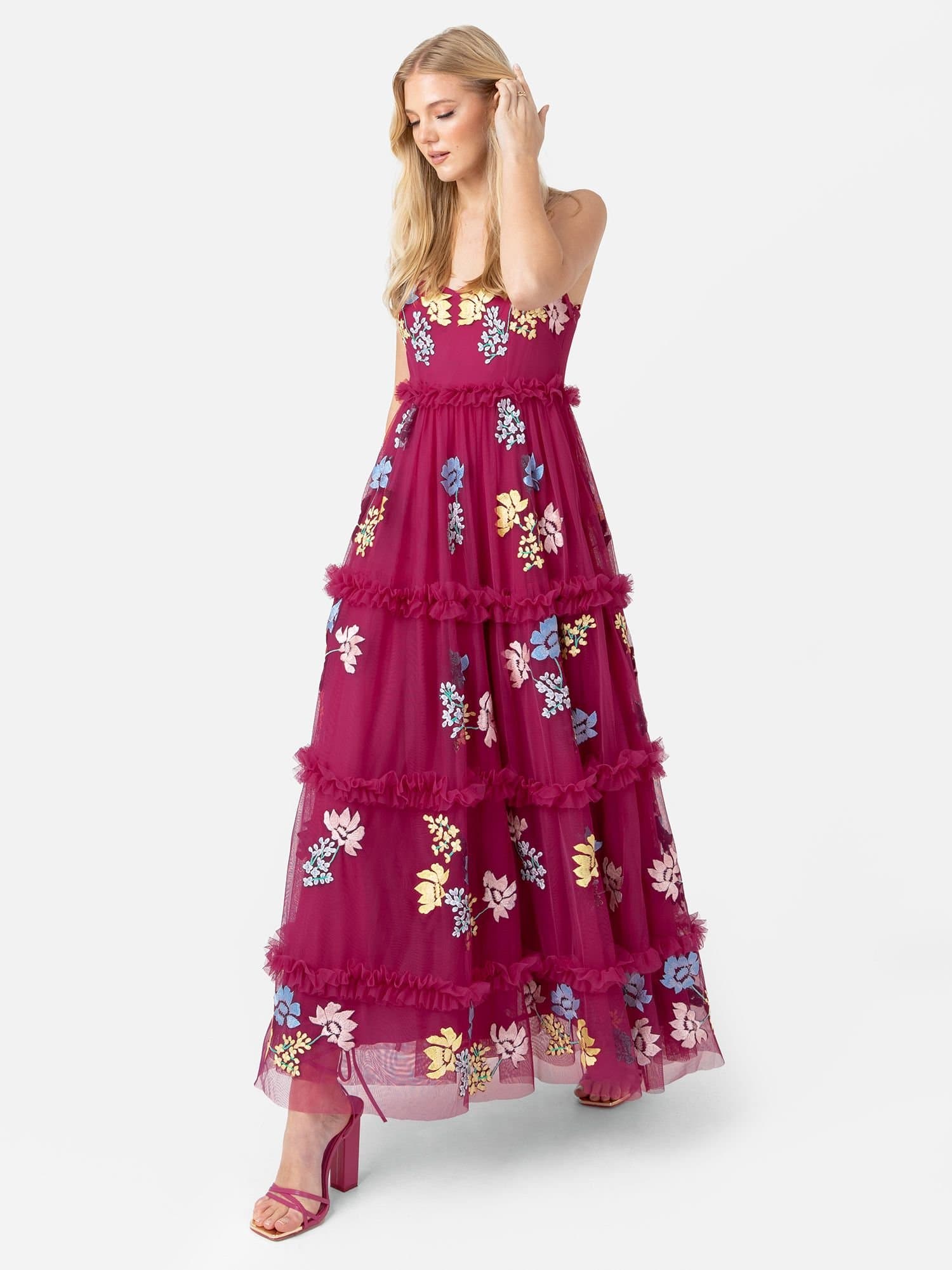 Maya Deluxe Maya Deluxe Women's Embroidered Cami Midaxi Dress in Bright Pink