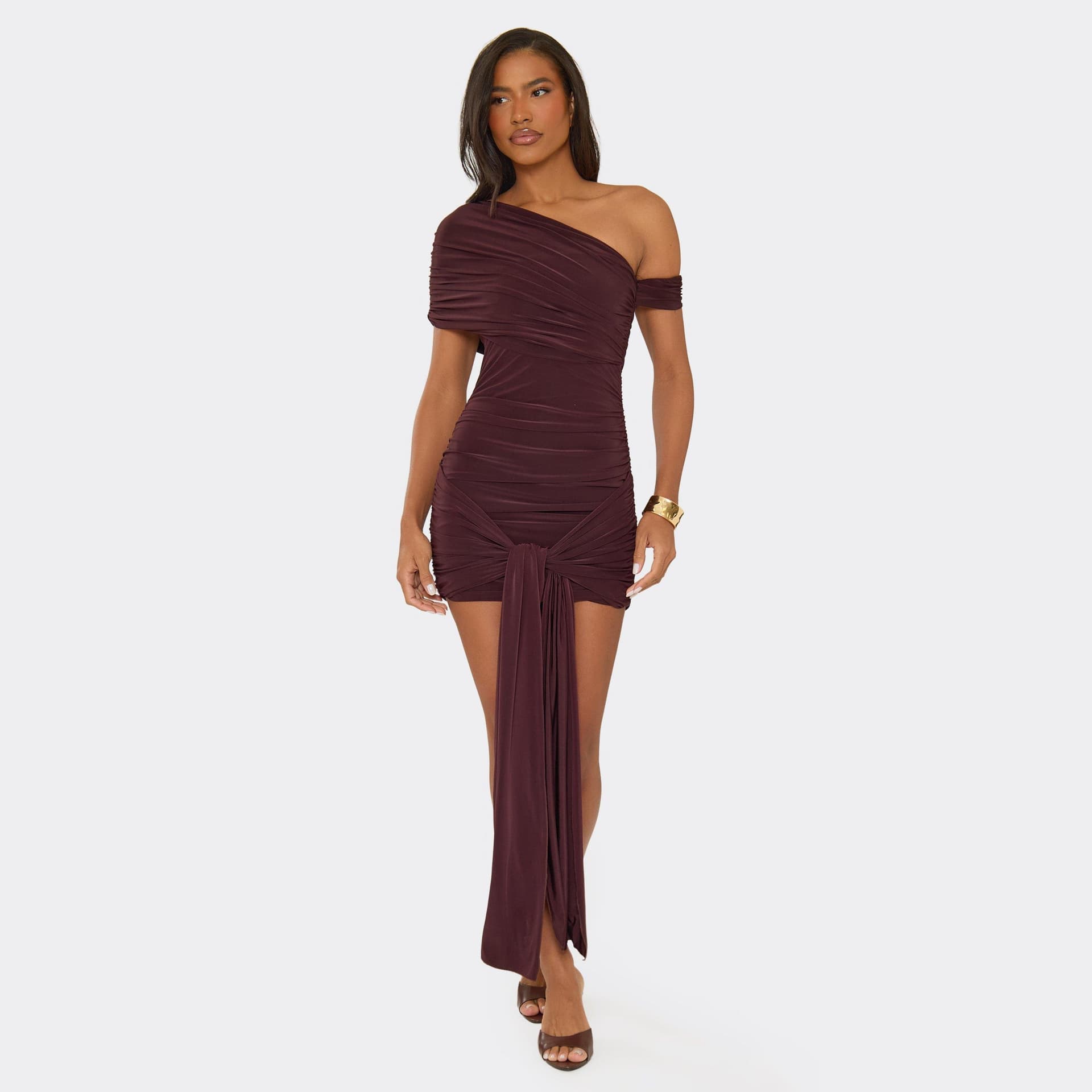 EGO One Shoulder Drape Front Mini Dress In Chocolate Brown Slinky, Women's Size UK 6