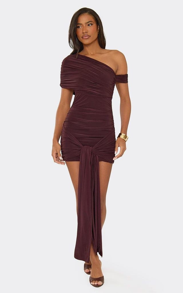EGO One Shoulder Drape Front Mini Dress In Chocolate Brown Slinky, Women's Size UK 6 - 2