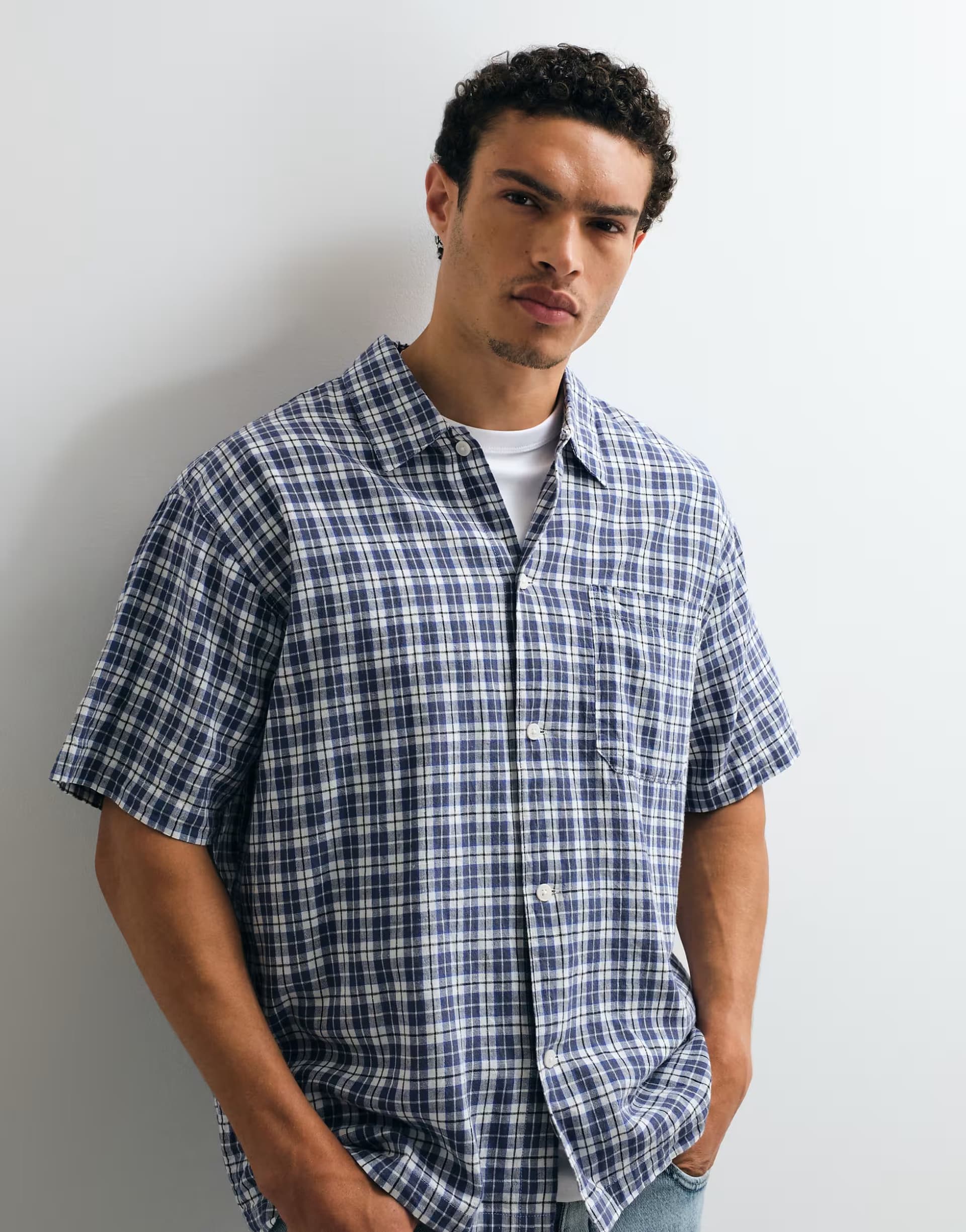 ASOS Jack & Jones linen blend cropped short sleeve check shirt in blue