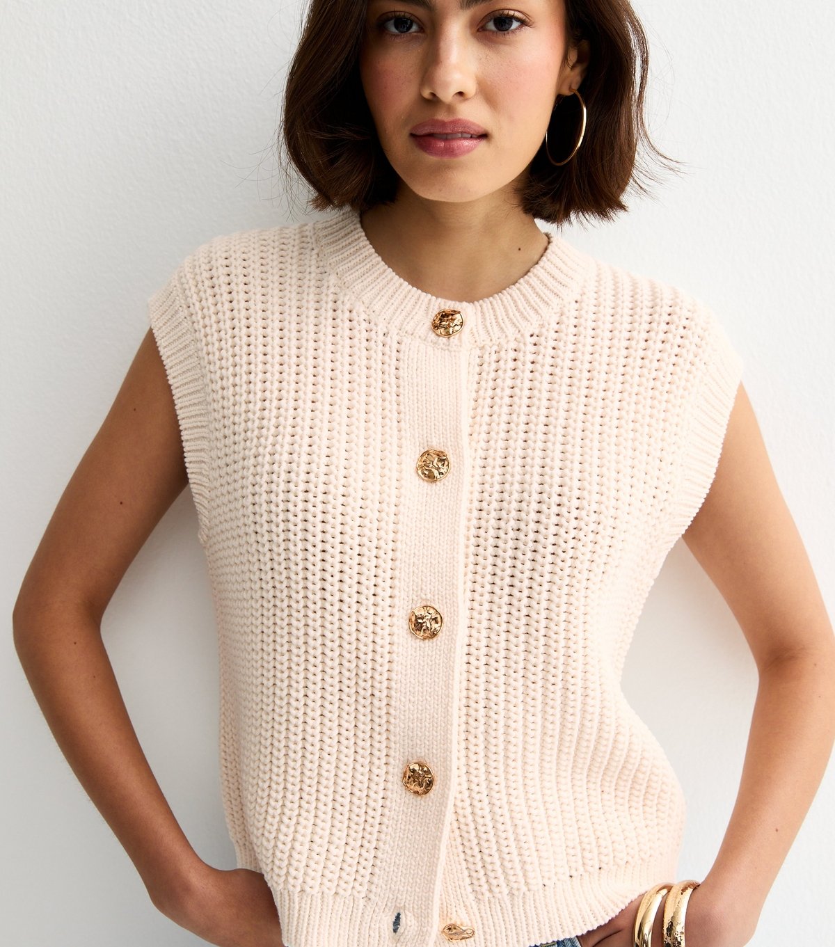 New Look Women's Cream Cotton Rich Hammered Button Chunky Knit Waistcoat New Look - 2