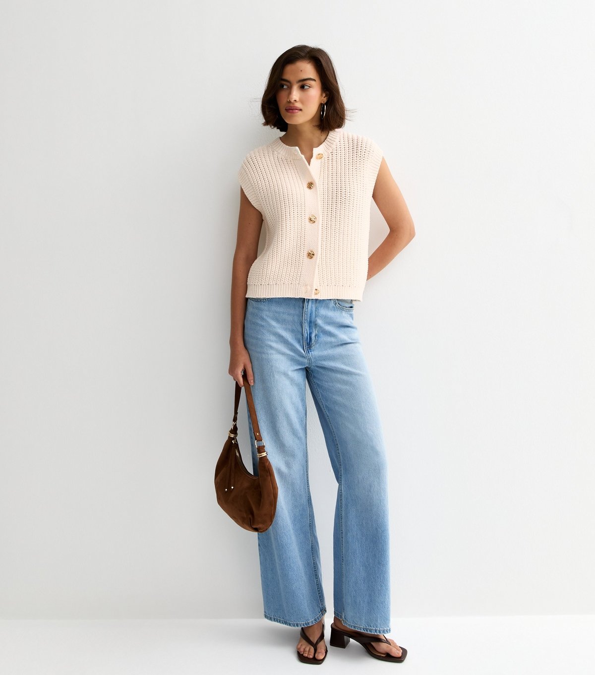 New Look Women's Cream Cotton Rich Hammered Button Chunky Knit Waistcoat New Look - 3