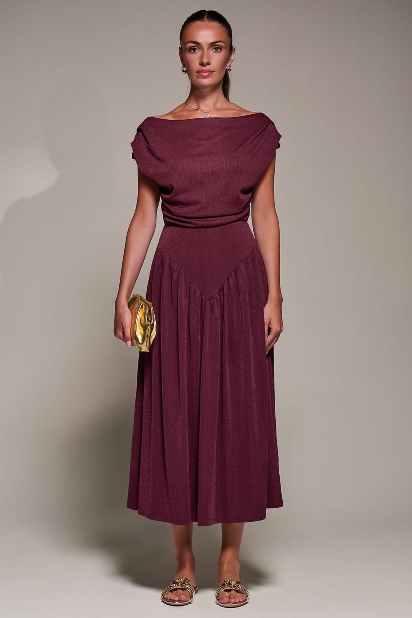 Jolie Moi Jolie Moi Women's Asymmetric Neckline Midaxi Dress in Burgundy - 1
