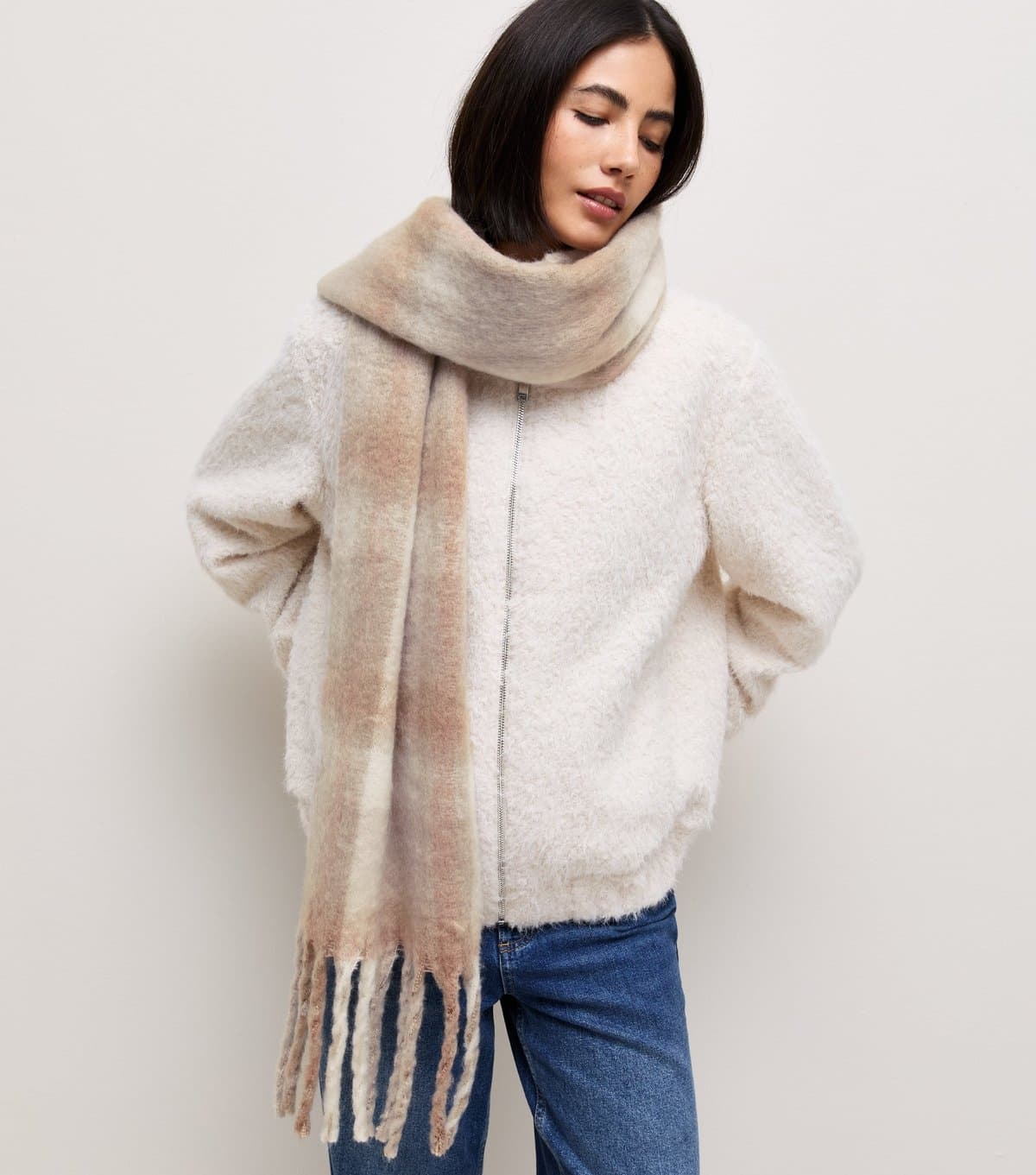 New Look Cream Check Pattern Fringed Scarf New Look