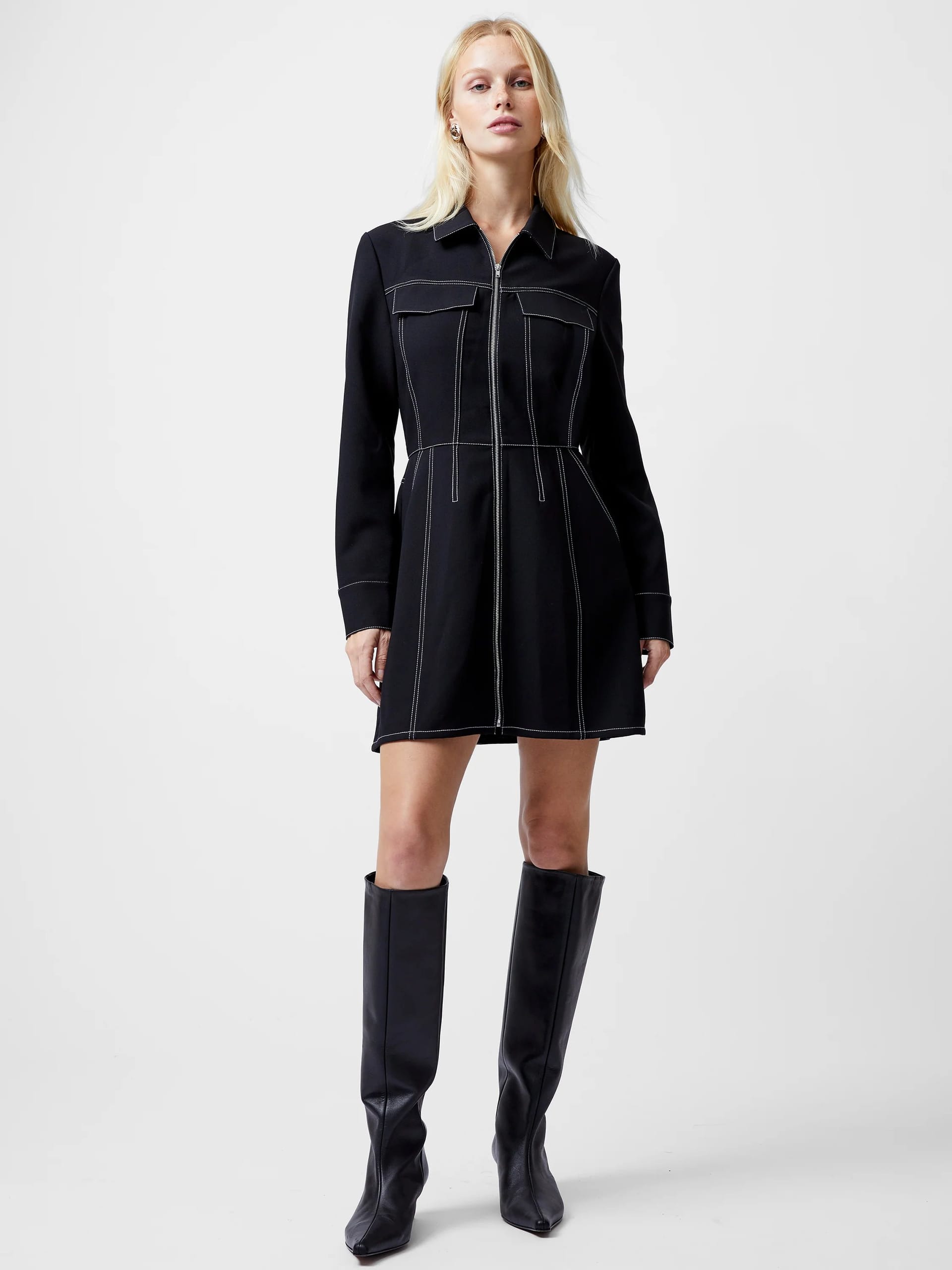 French Connection Black Twill Mini Dress with Contrast Stitching